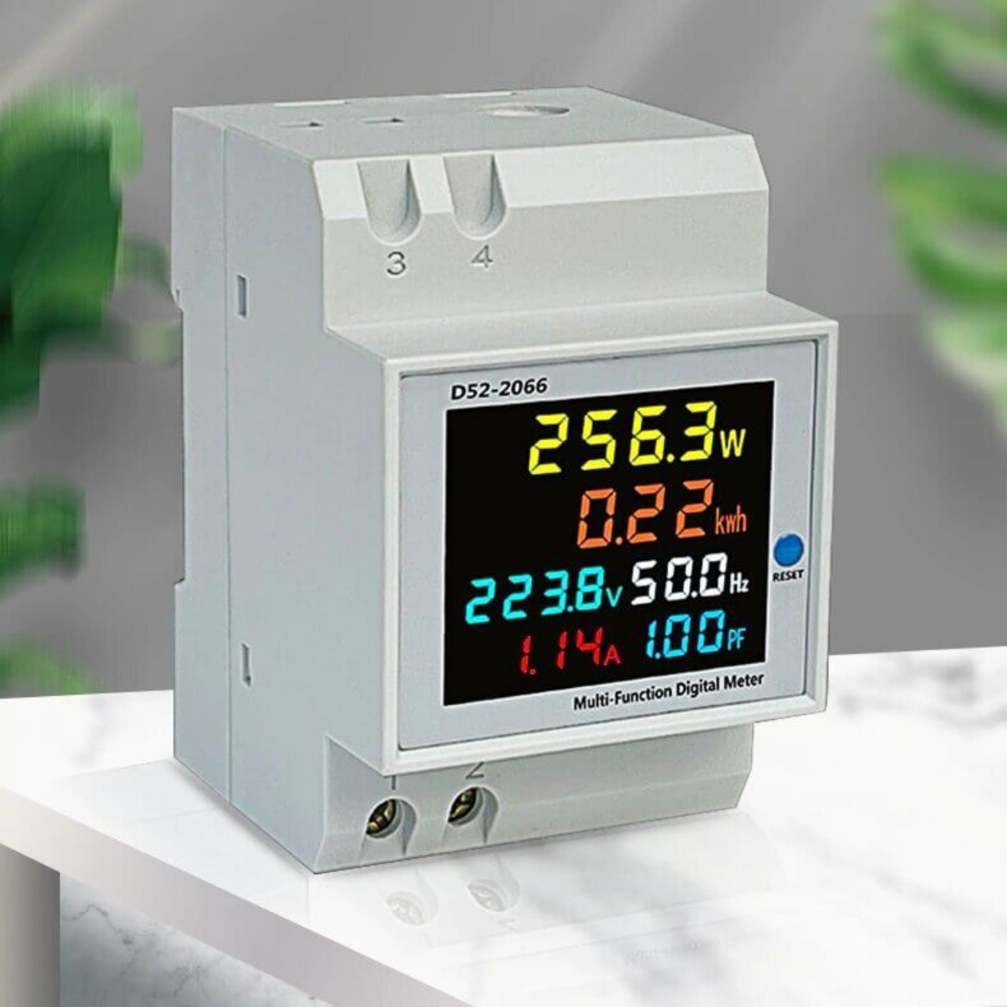 D52-2066 DIN Rail Multi-Function Digital Meter displaying voltage, current, active power, energy, frequency, and power factor.