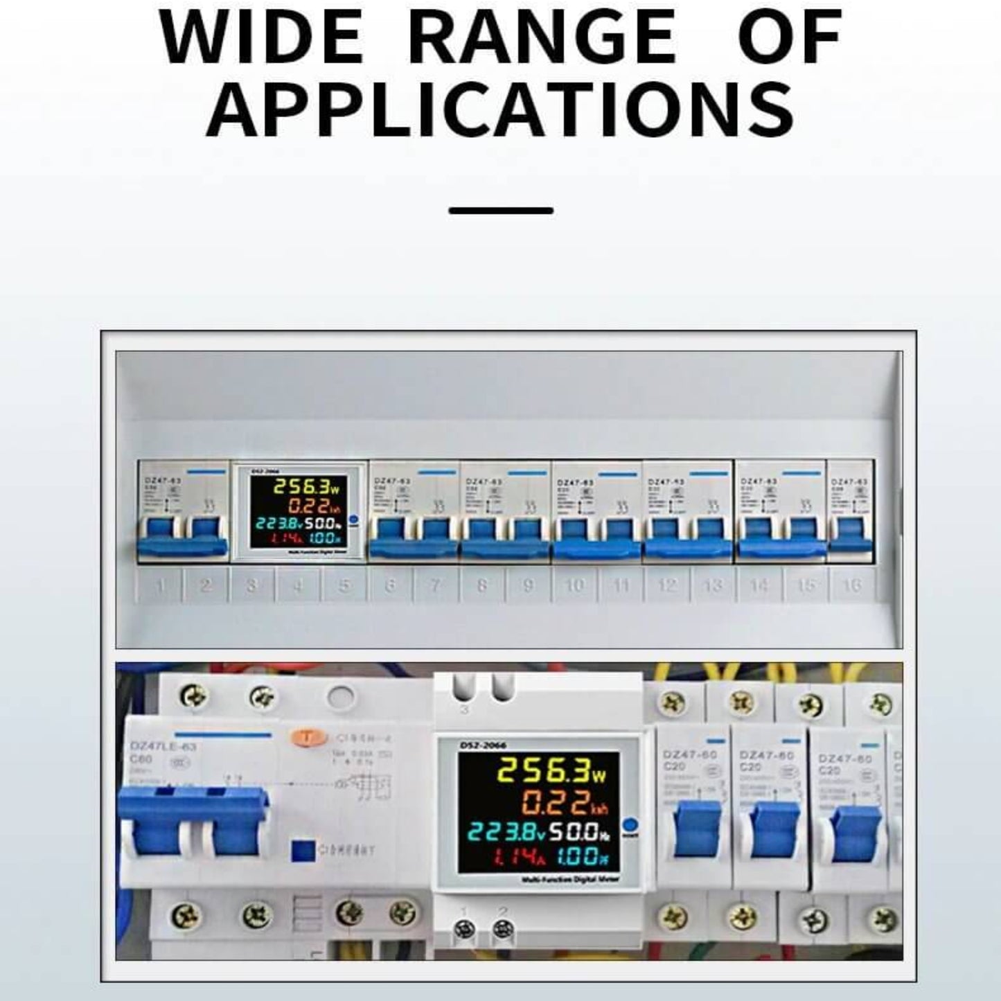 Installed view of the D52-2066 smart watt-hour meter in a distribution board, showing wide range of applications.