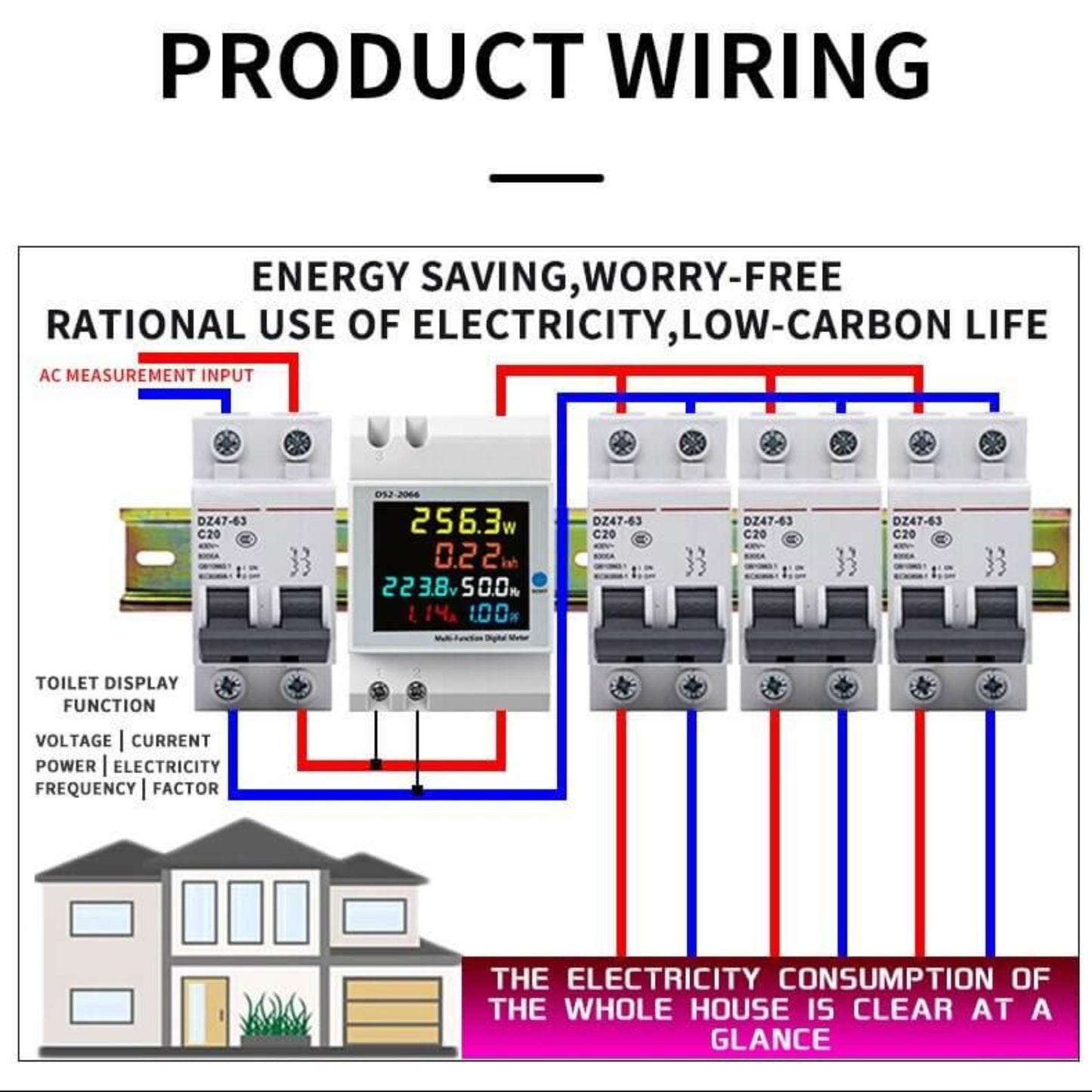Wiring diagram for D52-2066 Multi-Function Digital Meter with internal CT for whole-house consumption.