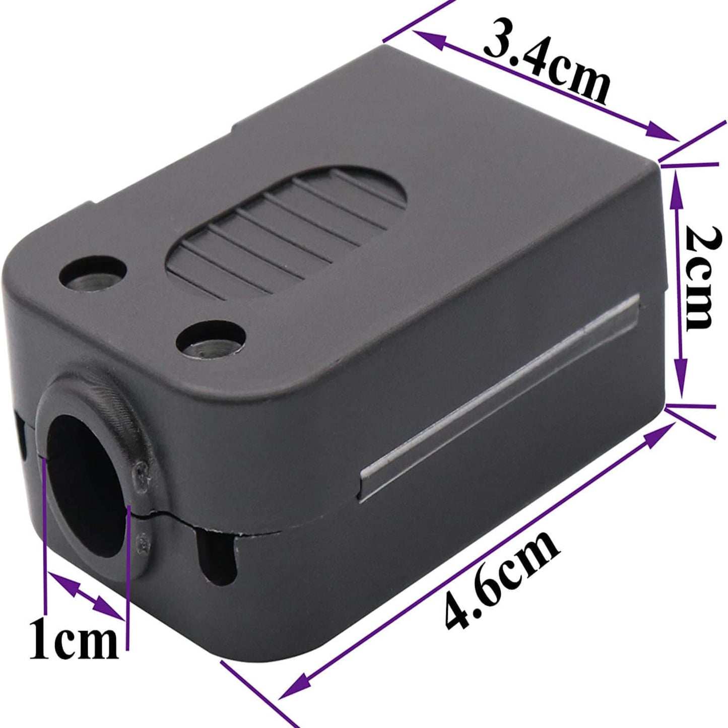 DB9 serial port connector dimensions; plastic case size: 4.6 x 3.4 x 2 cm for RS232 adapter.