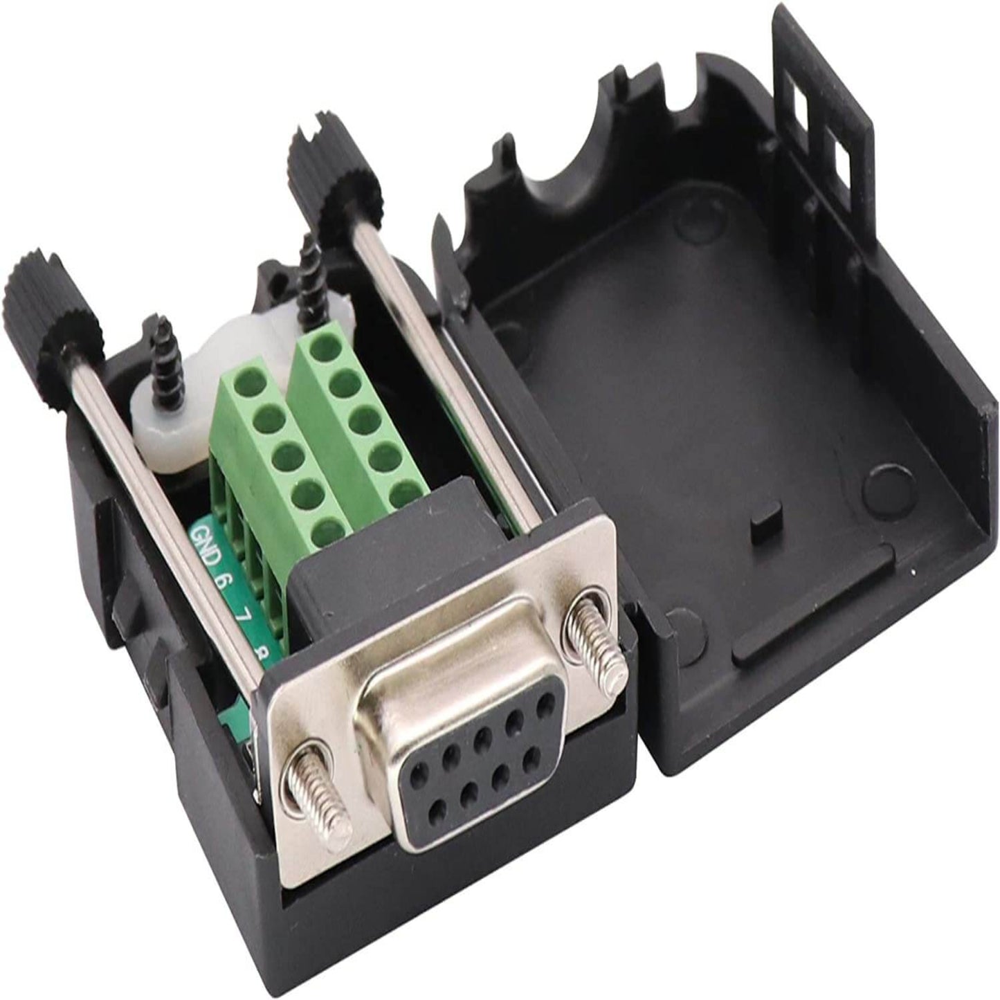 DB9 RS232 serial port connector with 9-pin male and female jack, screw terminal block, and plastic case