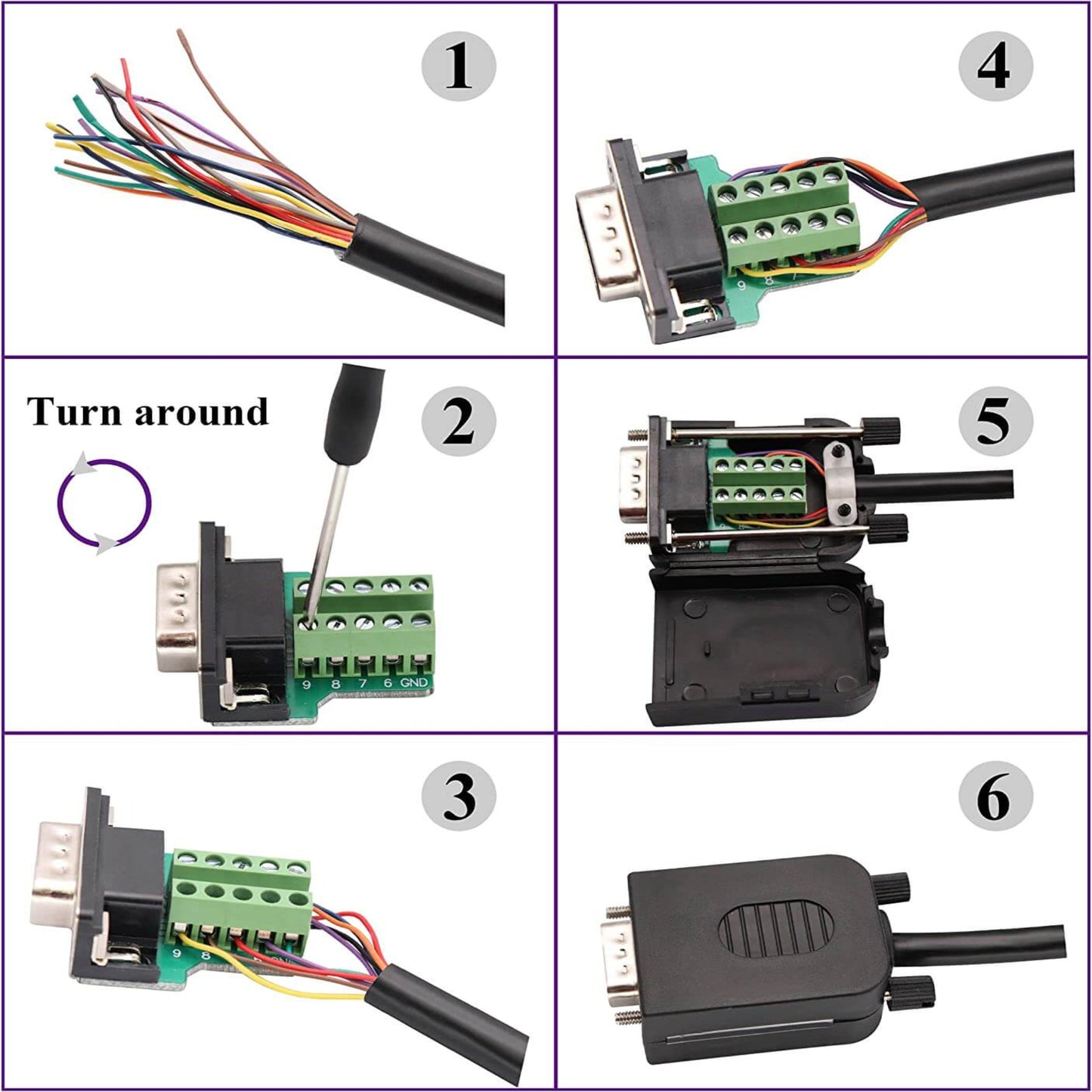 Step-by-step guide for DB9 RS232 male/female screw terminal block connector assembly process.