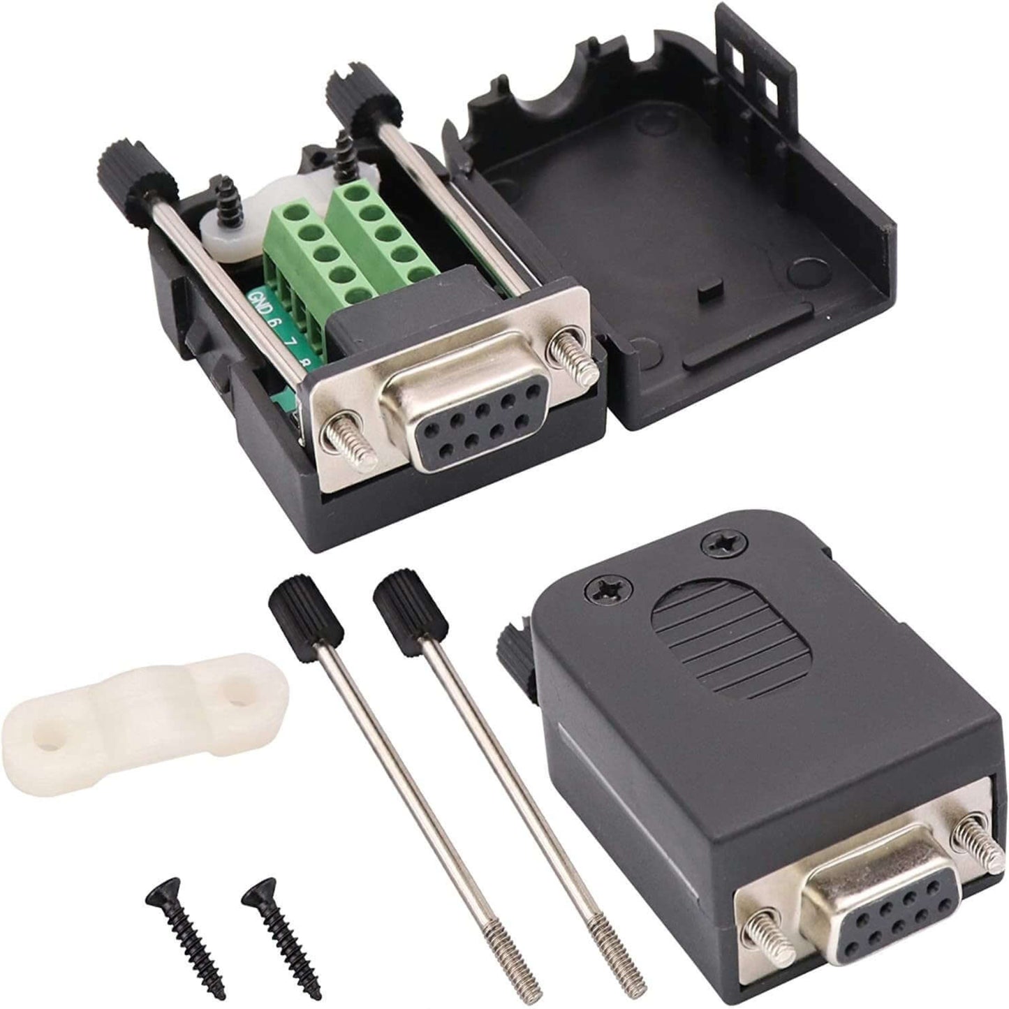 DB9 RS232 serial port connector with screw terminal block adapter and accessories in black plastic casing.