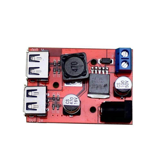 High-efficiency DC to DC buck converter module with dual USB outputs for powering devices.