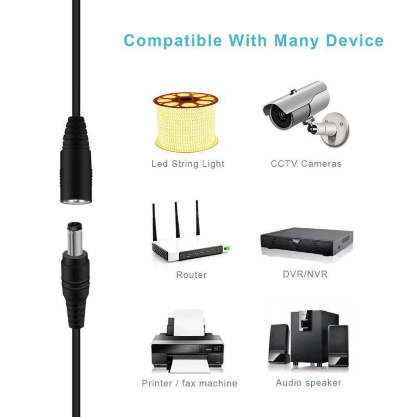 18AWG DC power extension cable showing compatibility with LED lights, CCTV, routers, DVR/NVR, printers, and audio speakers.