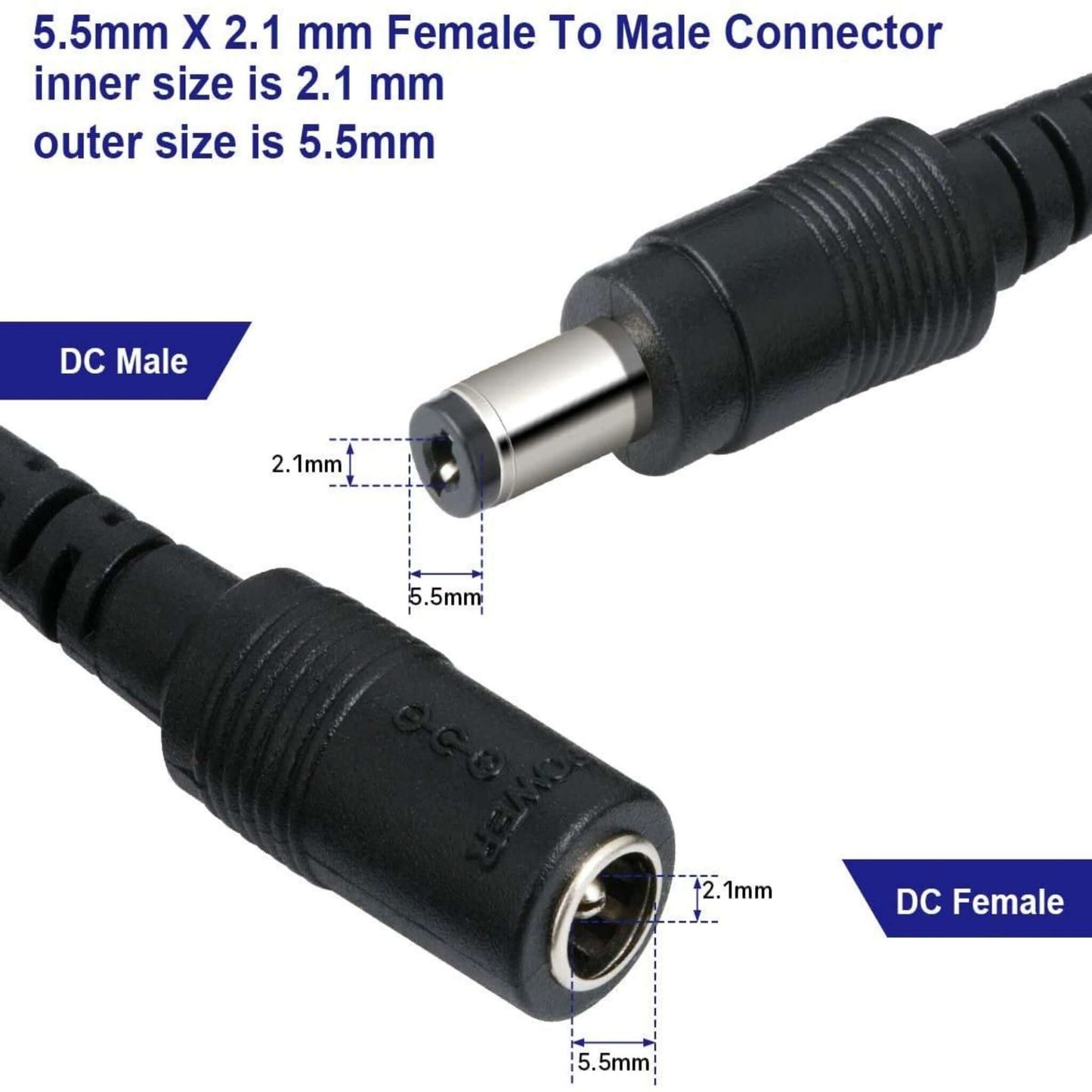 Close-up of 5.5mm x 2.1mm DC male to female power connector with dimensions labeled for clarity.