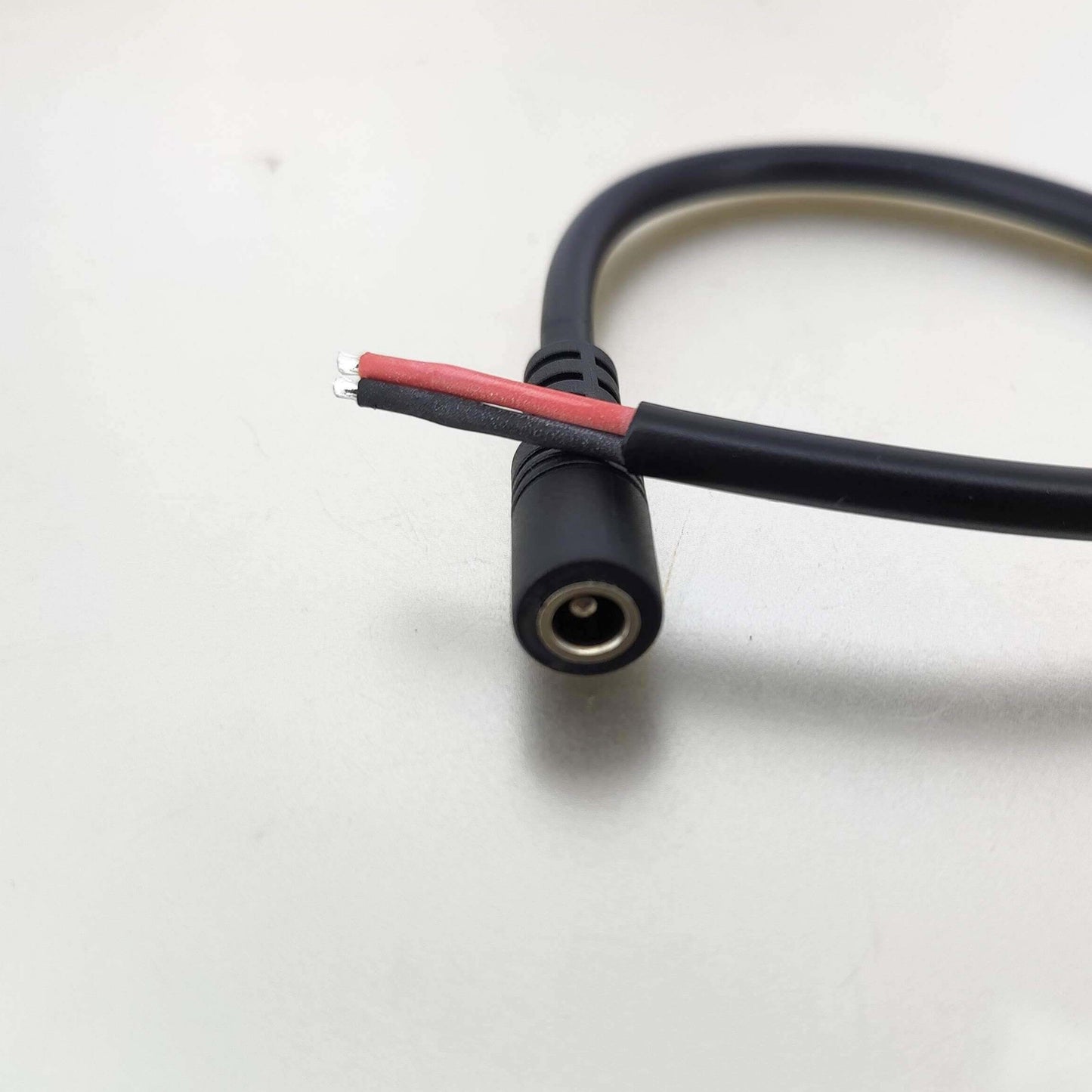 DC power pigtail cable 5.5mm x 2.1mm female connector with bare wire end, ideal for LED strips and CCTV.