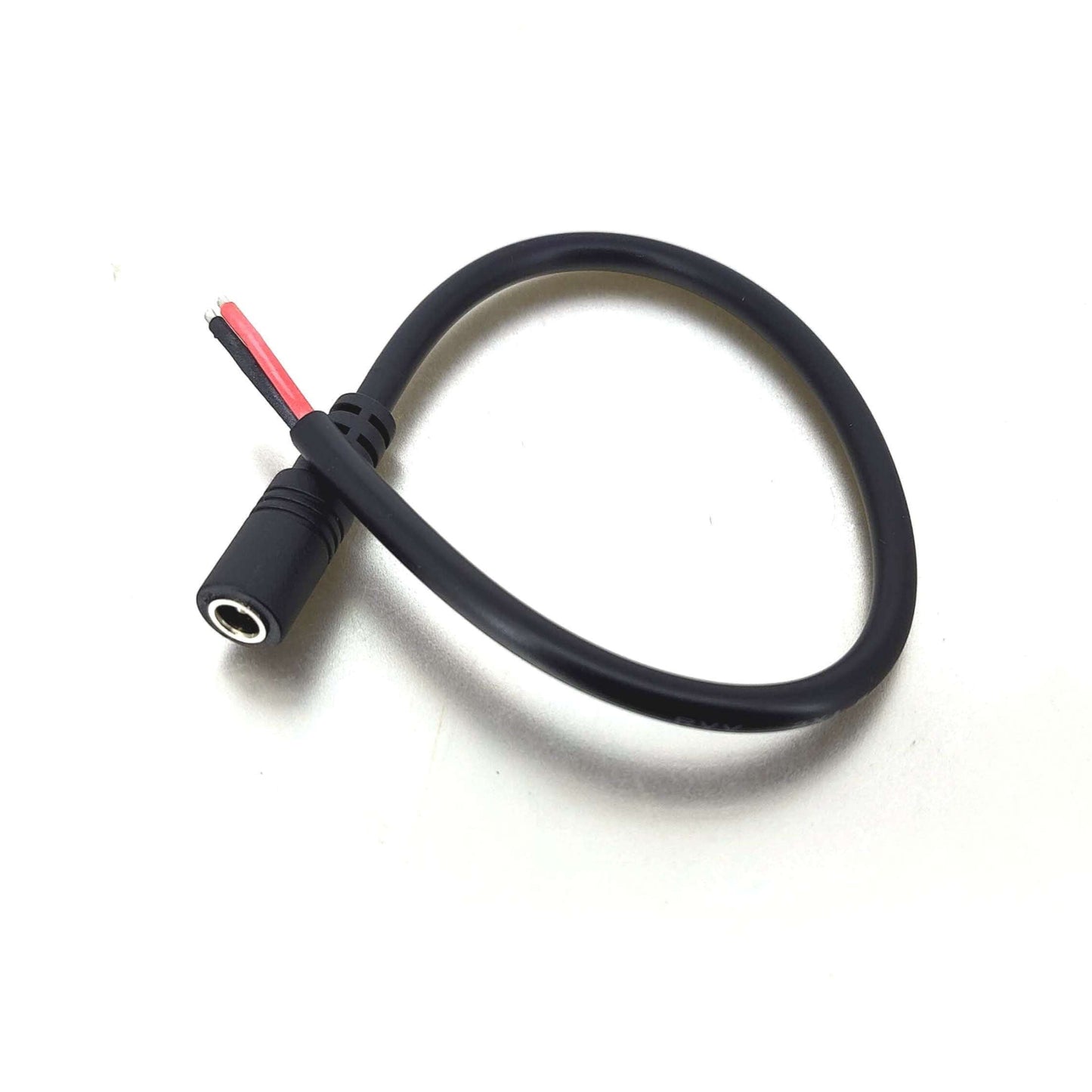 DC power pigtail cable with 5.5mm female plug and bare wire ends for LED strips and CCTV applications.