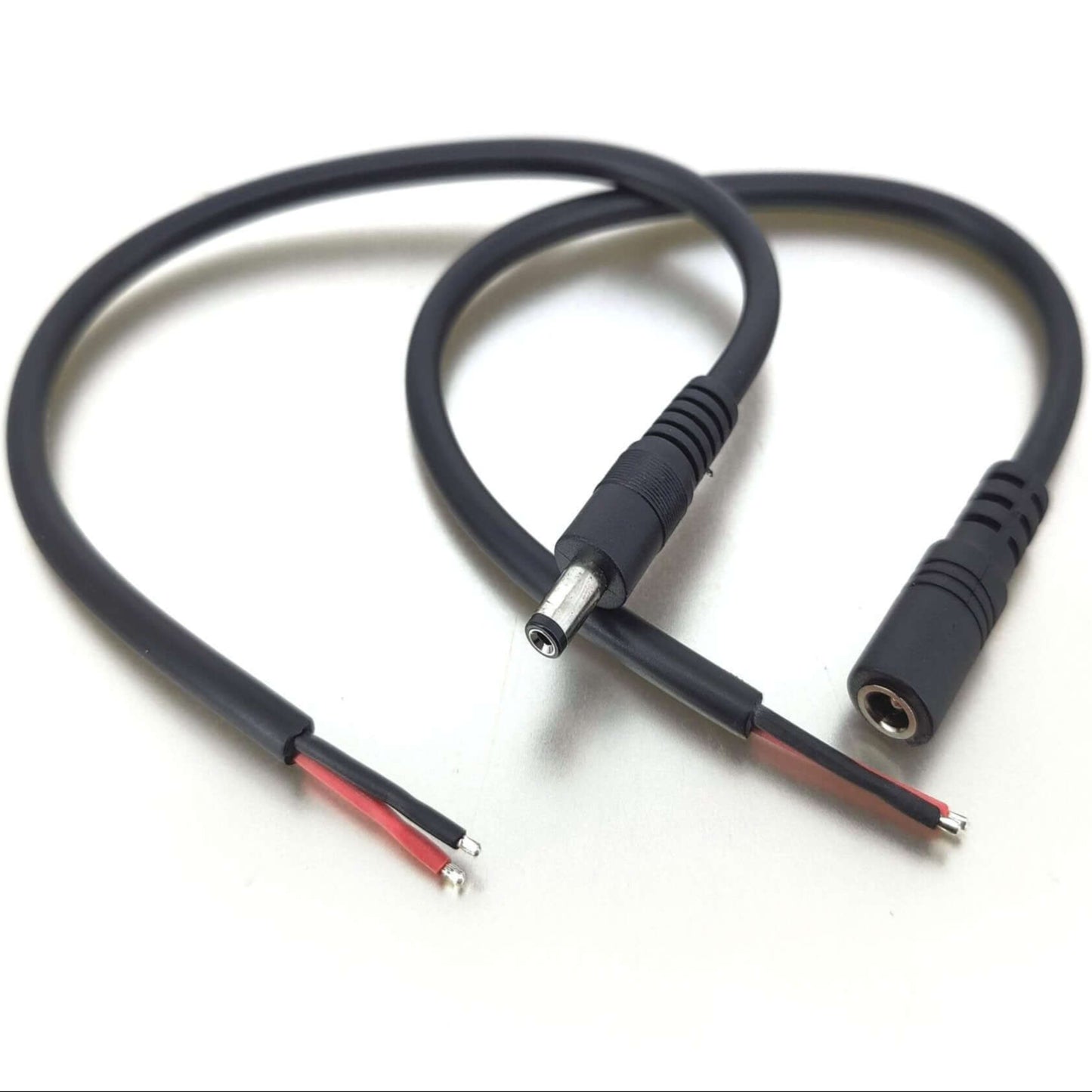 5.5mm x 2.1mm DC power pigtail cable with female plug and bare wire ends for LED and CCTV applications.