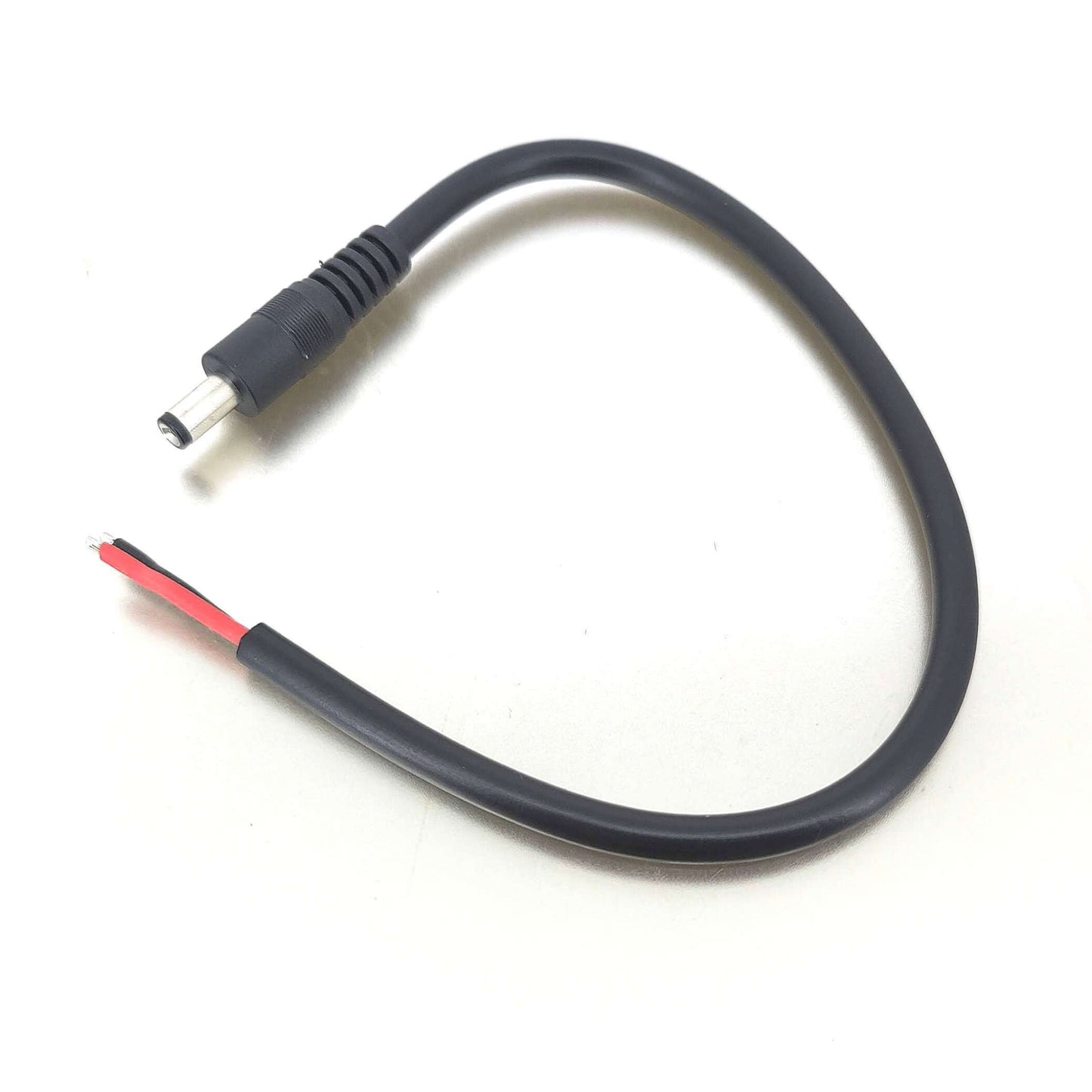 DC power pigtail cable 5.5mm x 2.1mm, female plug to bare wire for CCTV and LED strip applications.