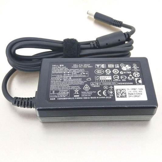 Dell 45W AC adapter label. Model PA-1450-66D1, P/N 3RG0T. Features 19.5V, 2.31A output. Specs on power brick.
