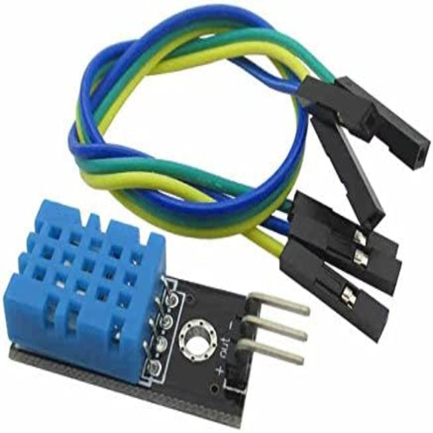 DHT11 temperature and humidity sensor module with jumper wires for Arduino projects.
