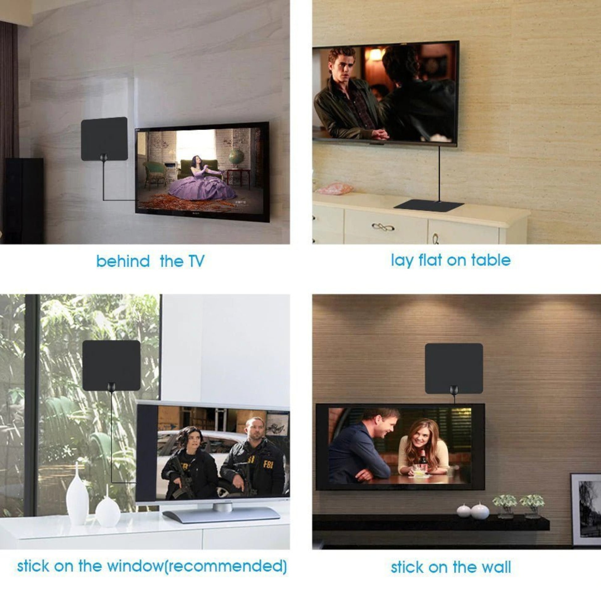 Indoor digital TV antenna installation options: behind TV, on table, window, and wall for optimal signal reception.