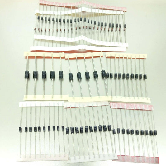 Diode assortment kit with 100 mixed rectifier and switching diodes on a white background.