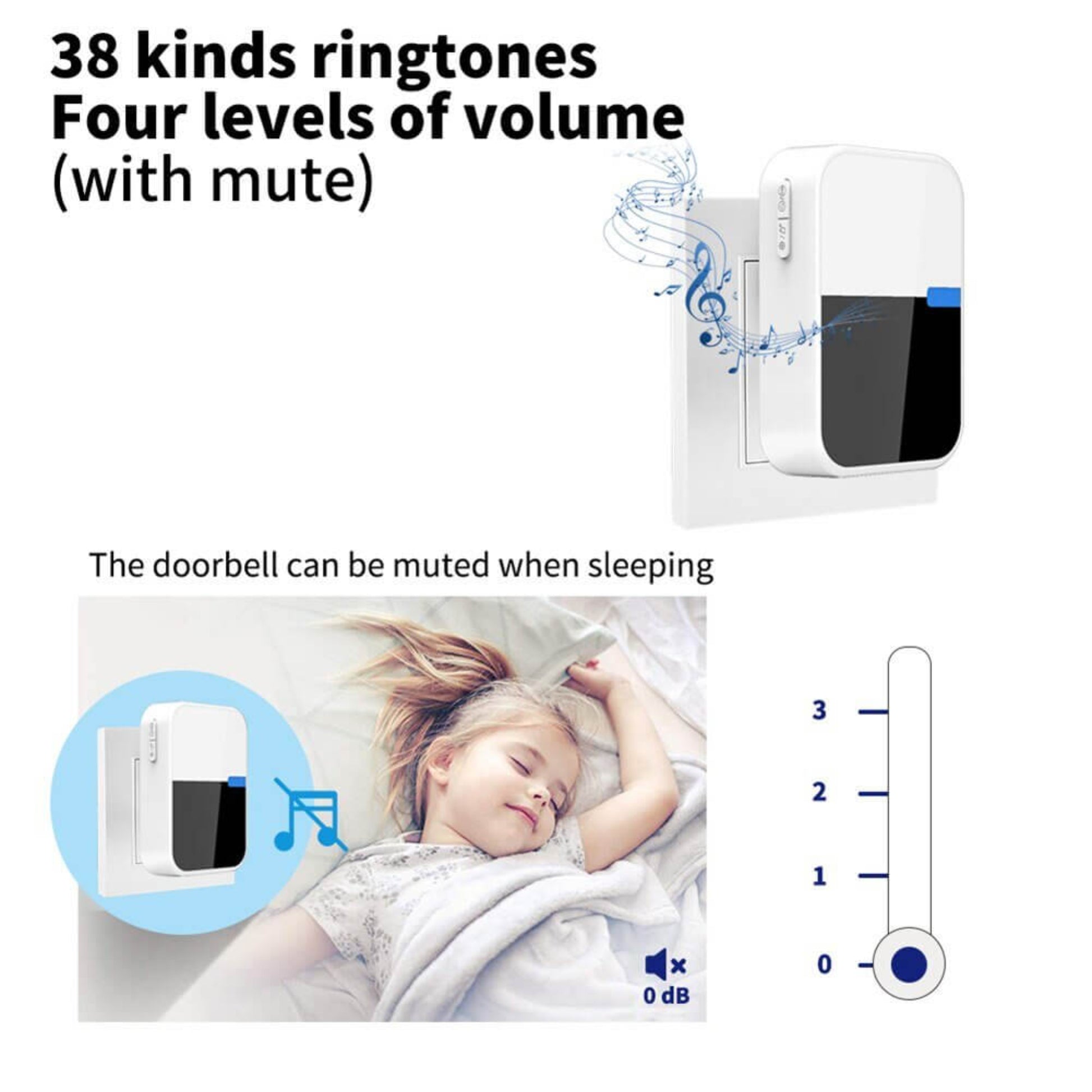 Self-Powered Wireless Doorbell - No Battery, Waterproof, 38 Ringtones with mute feature and volume control.