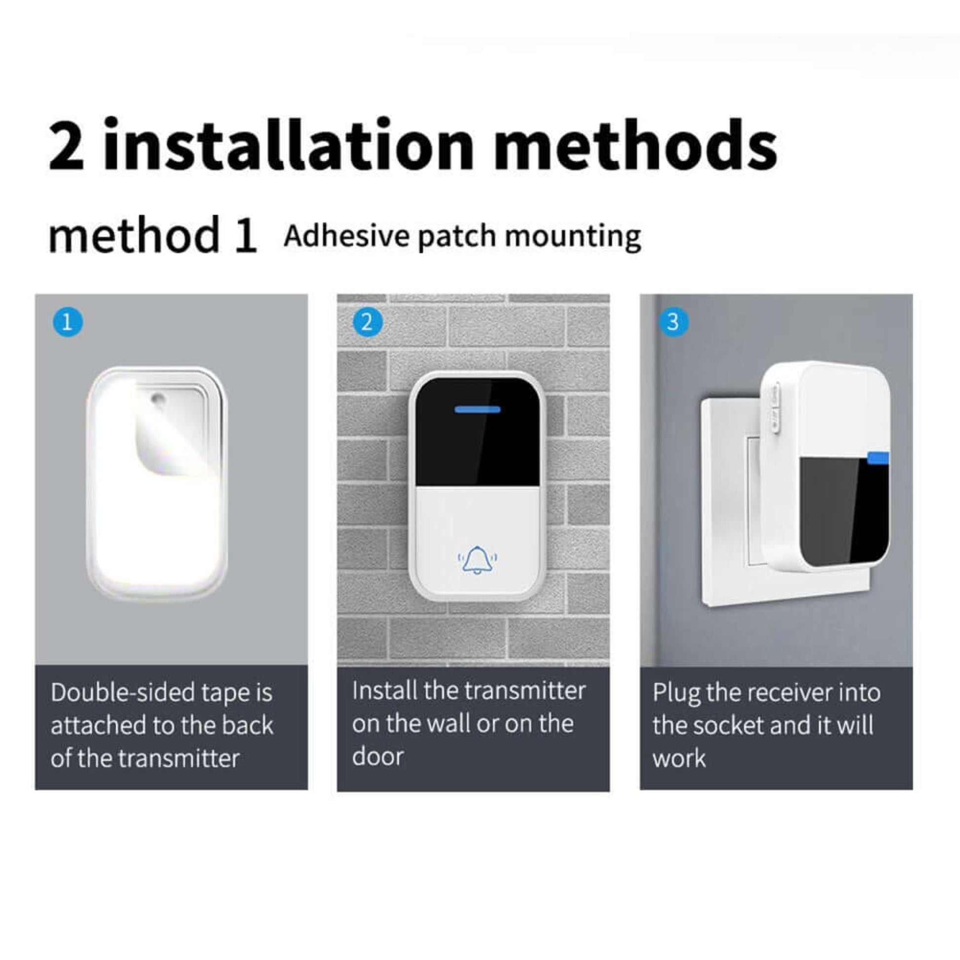 Self-Powered Wireless Doorbell - No Battery, Waterproof, 38 Ringtones installation guide with adhesive patch method.