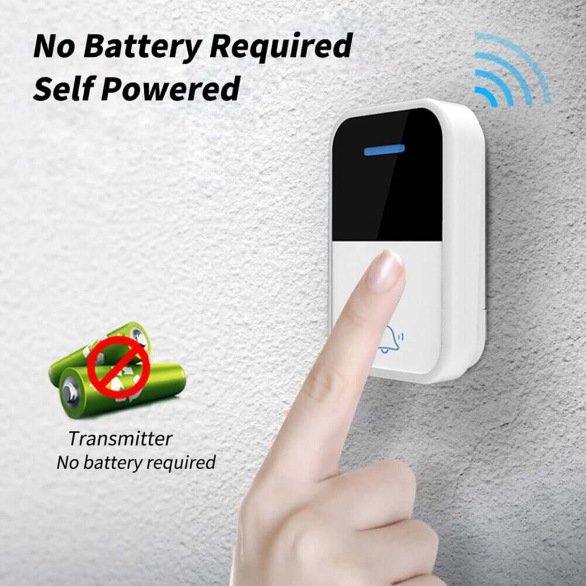Self-Powered Wireless Doorbell - No Battery, Waterproof, 38 Ringtones button pressed on wall with no battery required sign