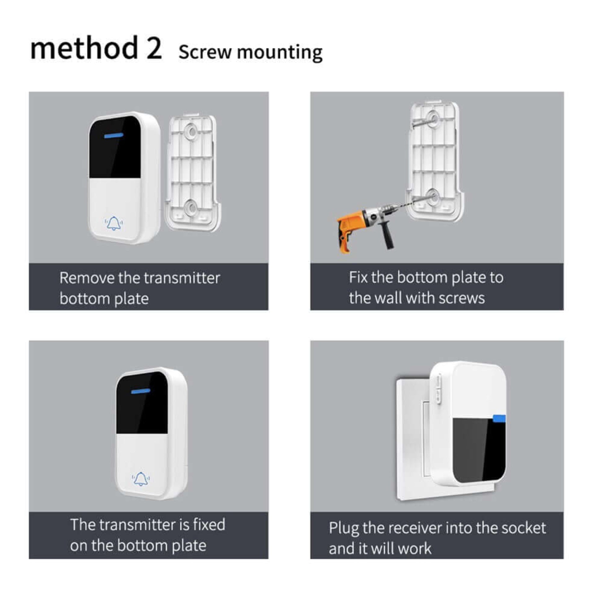 Self-Powered Wireless Doorbell - No Battery, Waterproof, 38 Ringtones installation guide with screw mounting steps.
