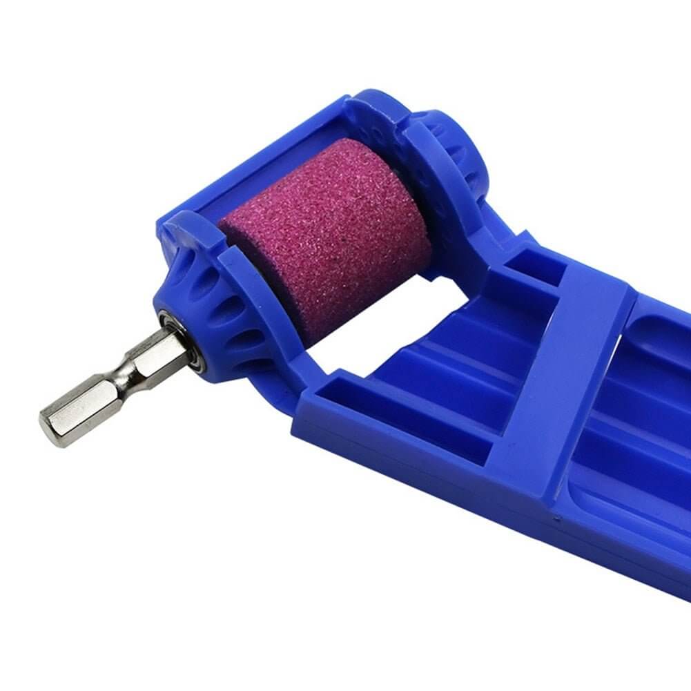 Corundum drill bit sharpener with 1/4" hex shank and wear-resistant pink grinding wheel for efficient sharpening.
