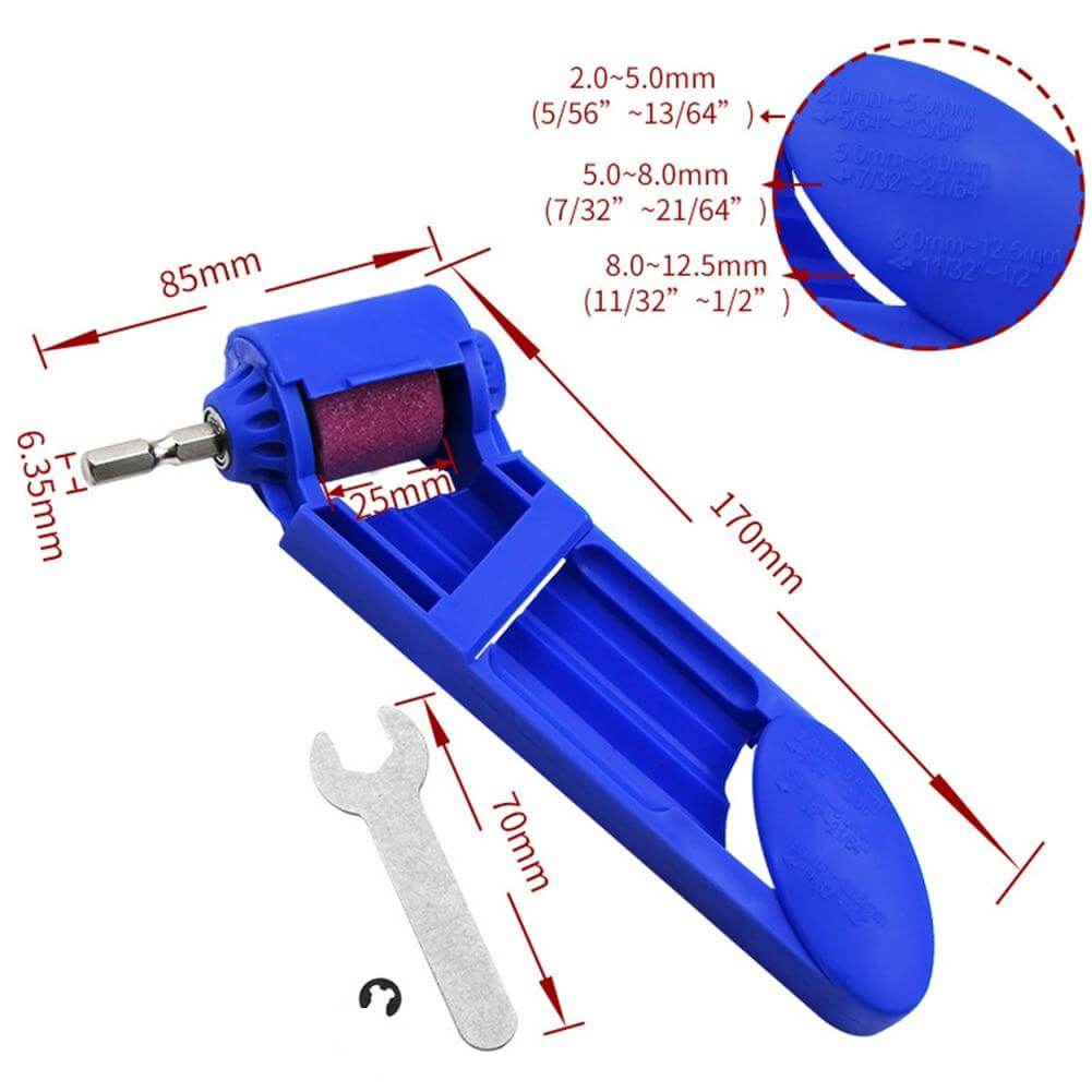 Corundum drill bit sharpener with hex shank, designed for 2.0mm to 12.5mm bits, featuring a wear-resistant wheel.