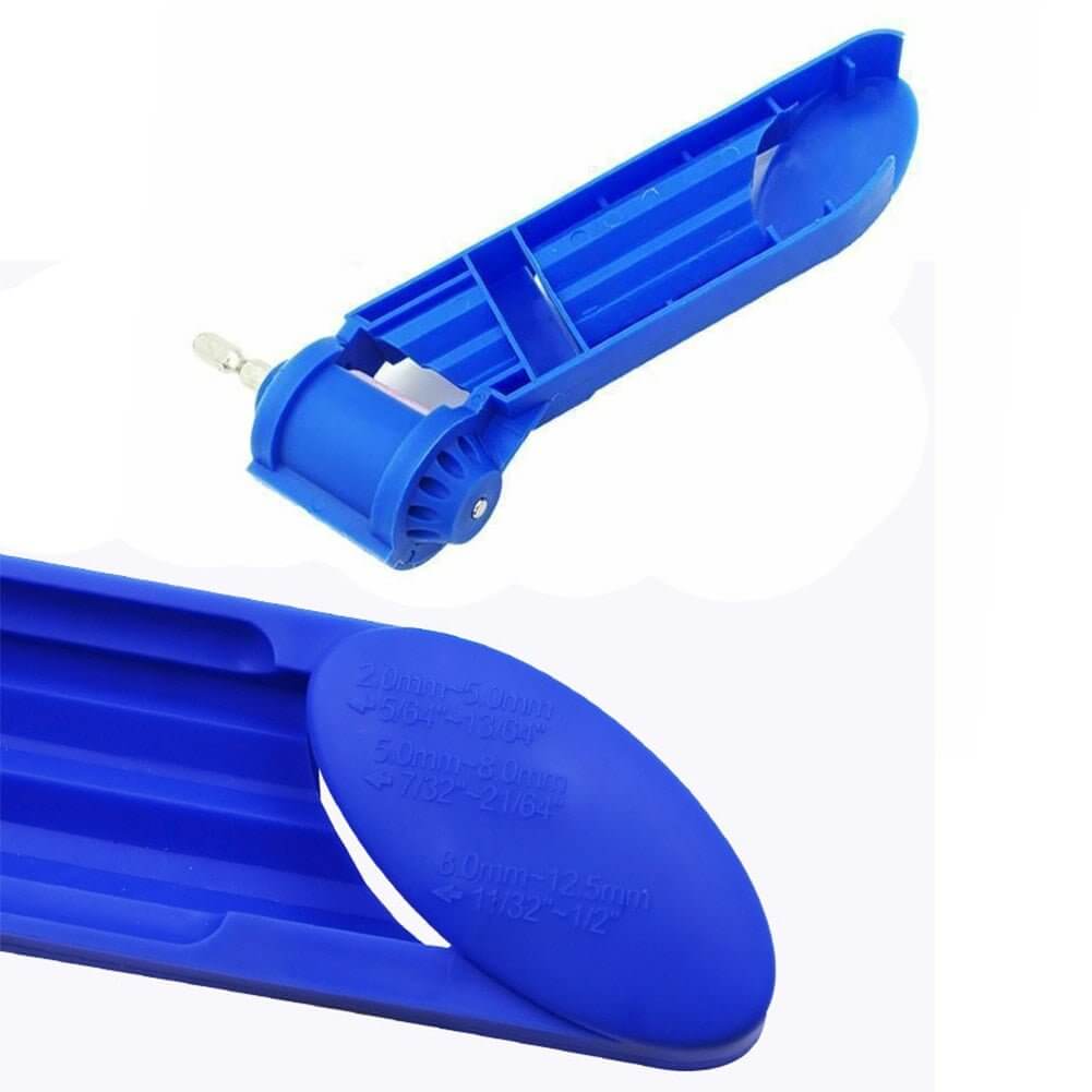 Blue drill bit sharpener tool with adjustable settings for various bit sizes, featuring a comfortable grip and a compact design.