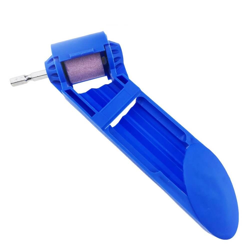 Corundum drill bit sharpener with blue body and purple grinding wheel for sharpening bits 2-12.5mm, featuring a 1/4" hex shank.