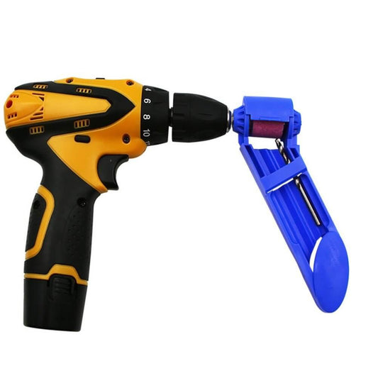 Corundum drill bit sharpener with 1/4 inch hex shank attached to a cordless drill, suitable for bit sizes 2mm to 12.5mm.