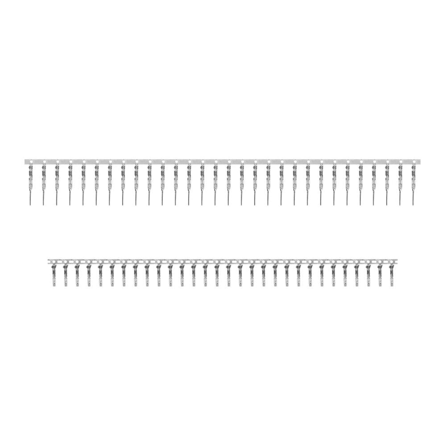 Close-up of male and female 2.54mm Dupont jumper wire connectors for DIY electronics projects.