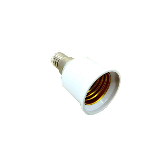 E14 to E27 lamp holder converter adapter with a white exterior and brass interior for upgrading light bulb options.