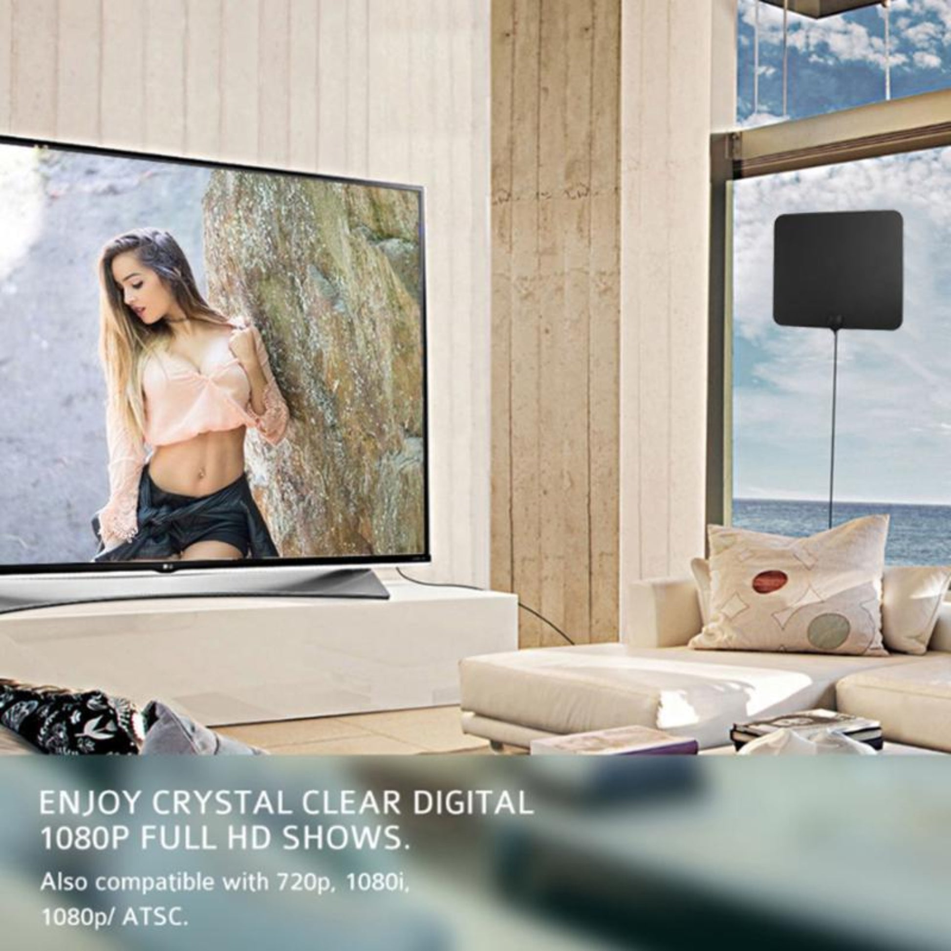 Indoor Digital TV antenna with a large screen TV showing 1080p content in a stylish living room.