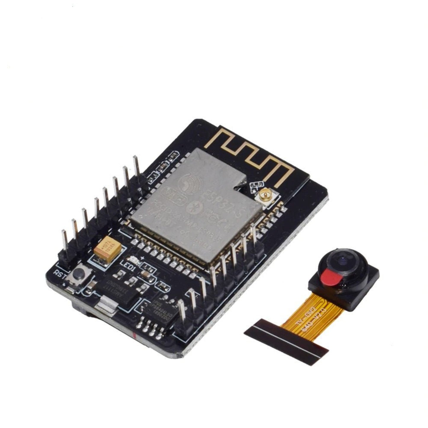 Top-down view of the ESP32-CAM board, highlighting the MicroSD card slot, camera connector, and onboard antenna.