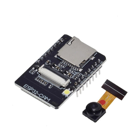 ESP32-CAM development board shown with the OV2640 camera module connected, ready for an IoT project.