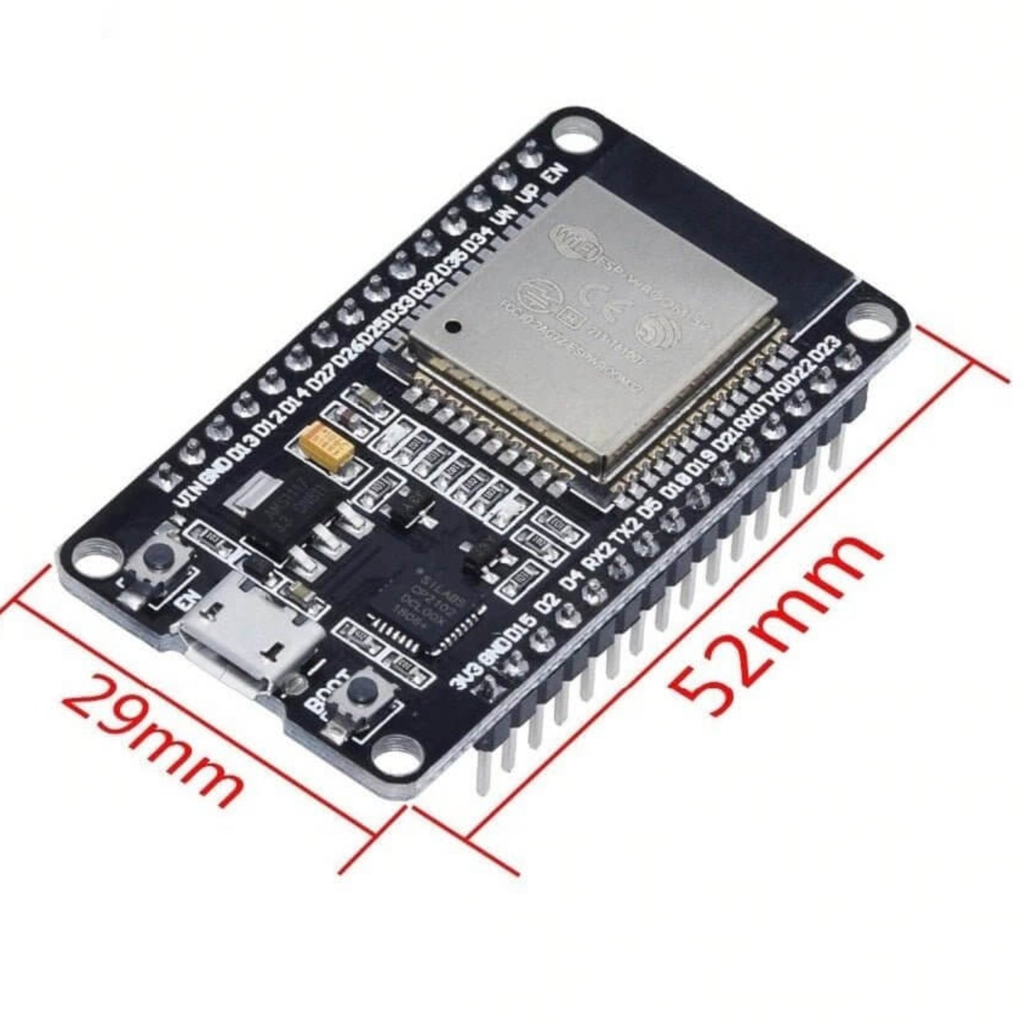 ESP32 DEVKIT V1 development board with 30 pins, ESP-WROOM-32 module, dimensions 52mm x 29mm, ideal for IoT projects.