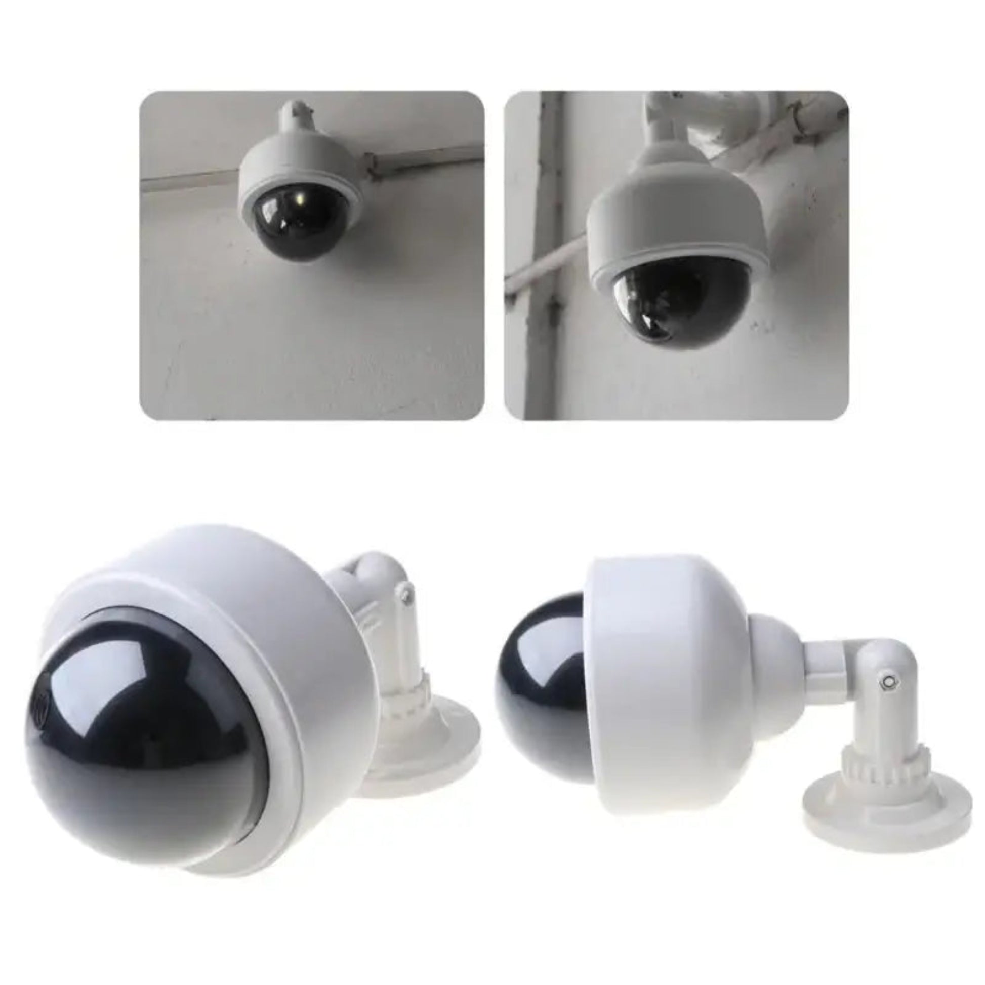 Examples of the dummy dome camera installed on a wall, showing its realistic appearance.