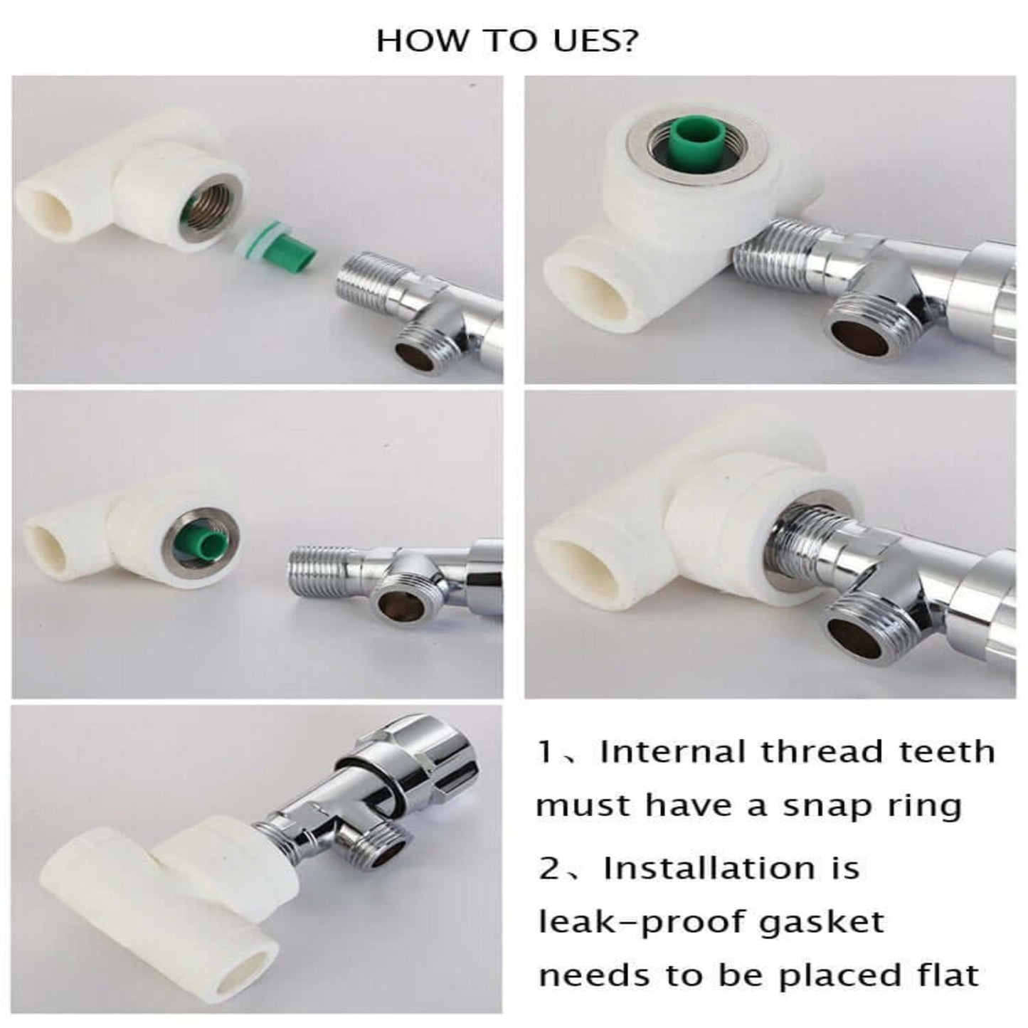 Installation guide for 12pcs quick connector for PPR pipe with details on leak-proof sealing and thread teeth.