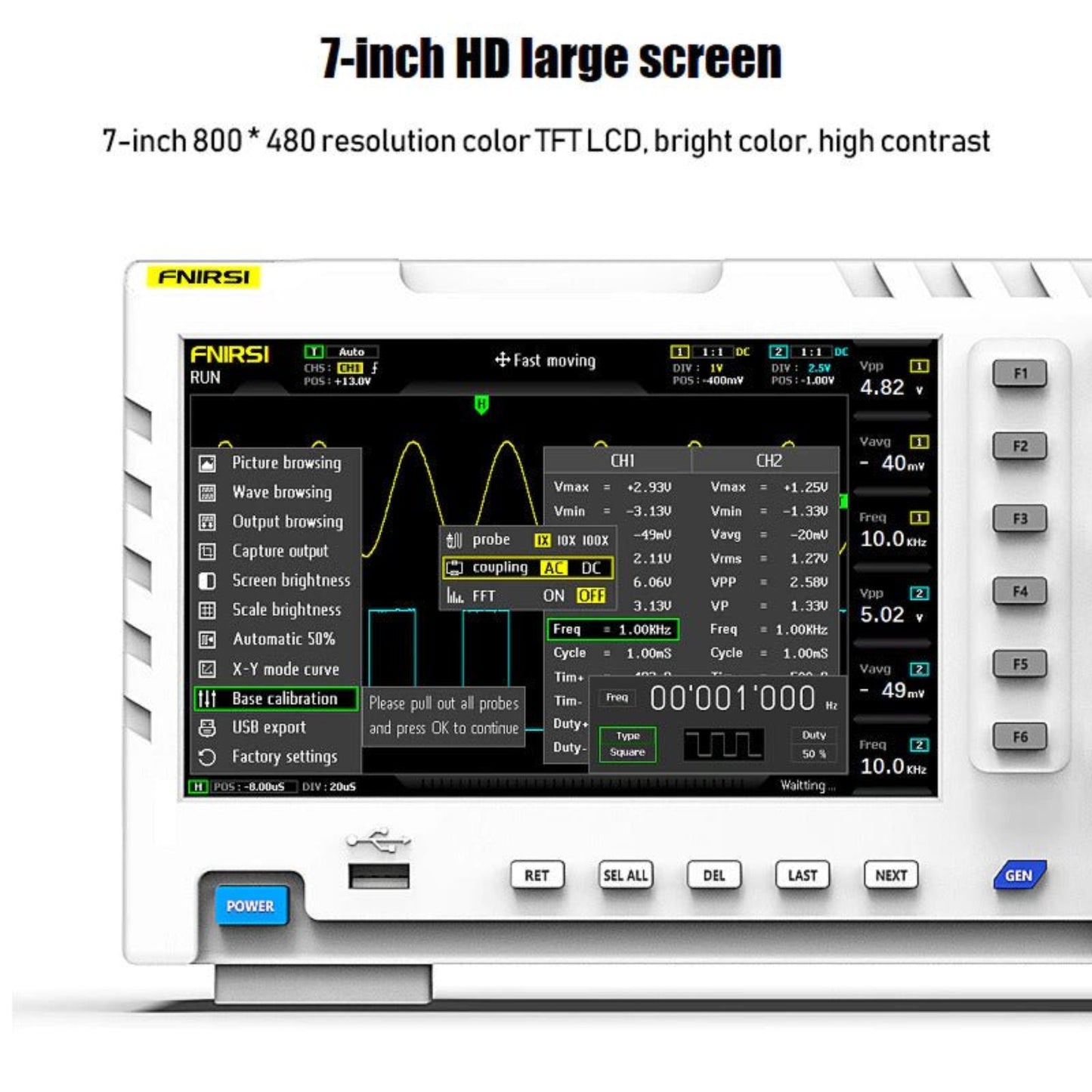 7-inch HD digital oscilloscope screen showing waveform analysis and interface functions with colorful display.