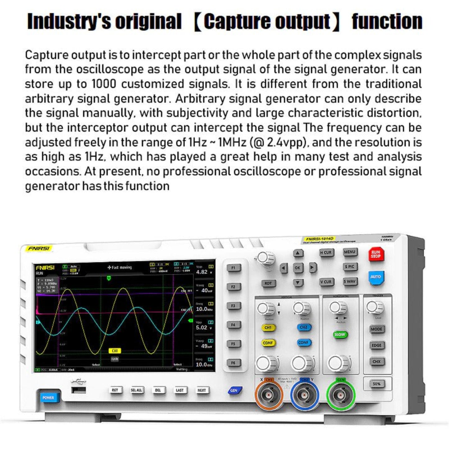 FNIRSI-1014D digital oscilloscope showing capture output function and controls for signal generation.