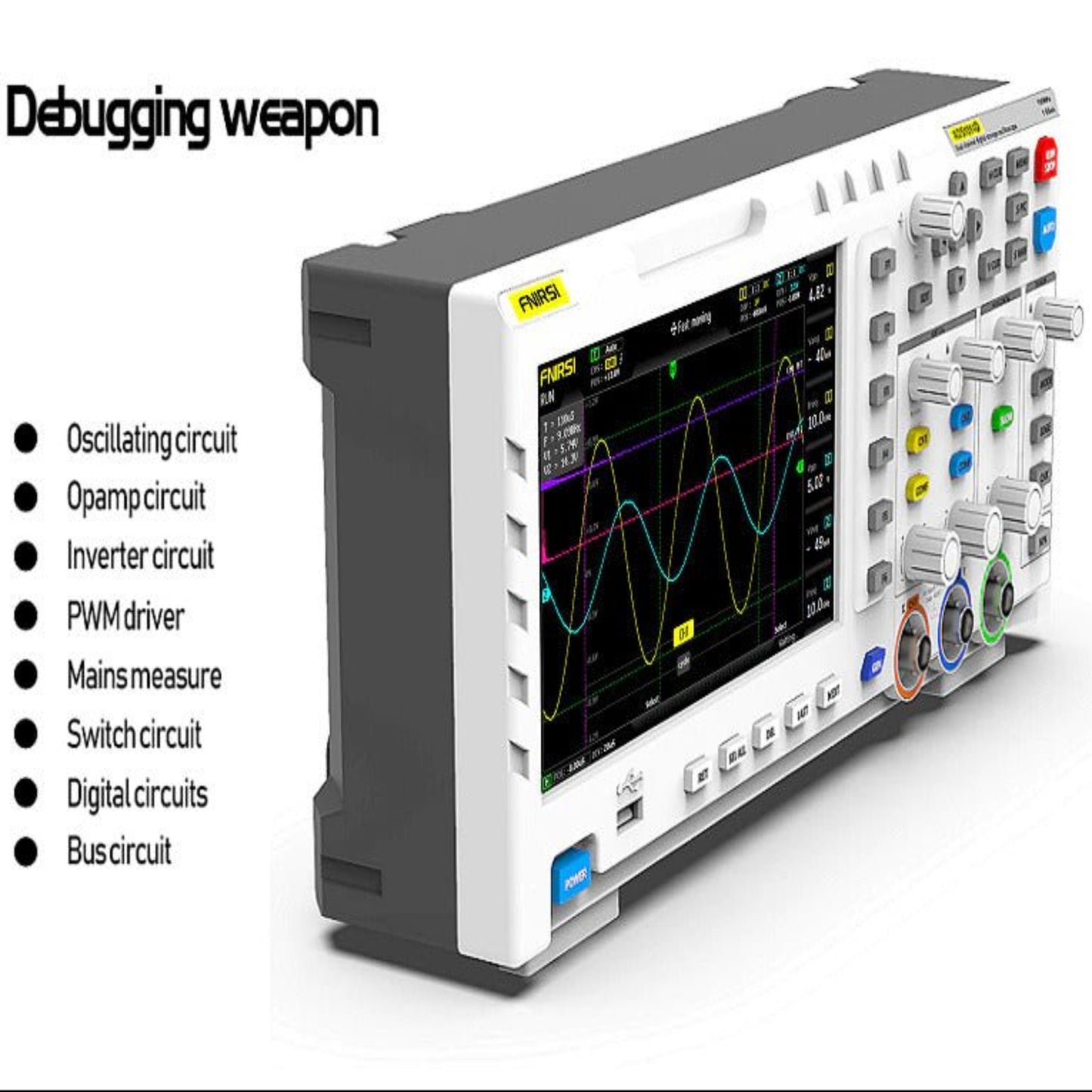FNIRSI-1014D dual channel oscilloscope with signal generator showcasing debugging features like oscillating and opamp circuits.