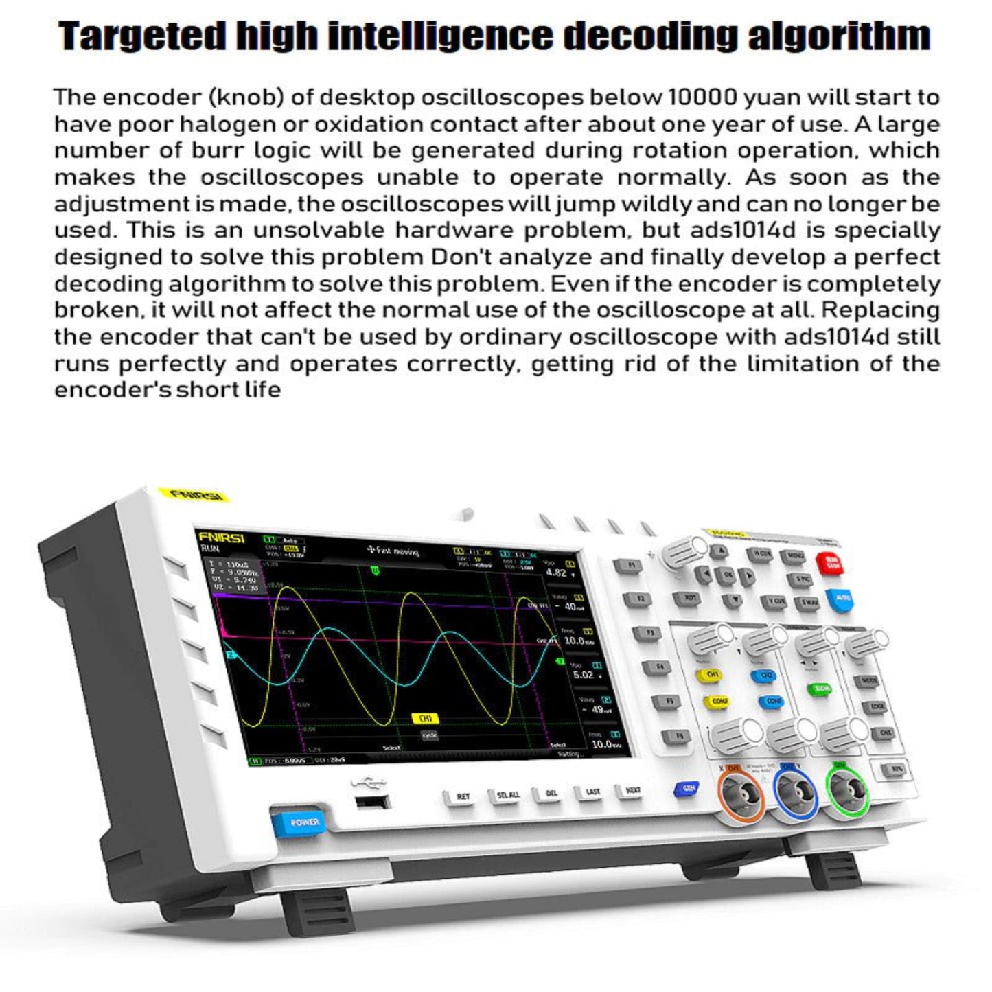 FNIRSI-1014D oscilloscope with advanced decoding algorithm for enhanced performance and reliability.