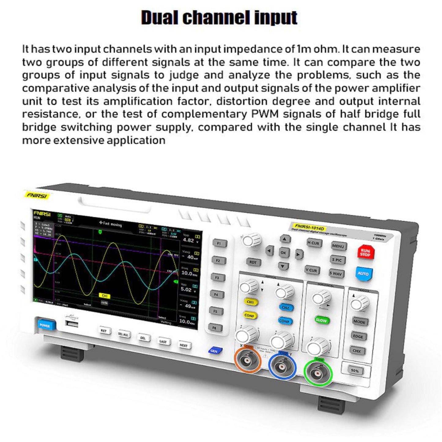 FNIRSI-1014D dual channel input oscilloscope measuring two signals simultaneously.