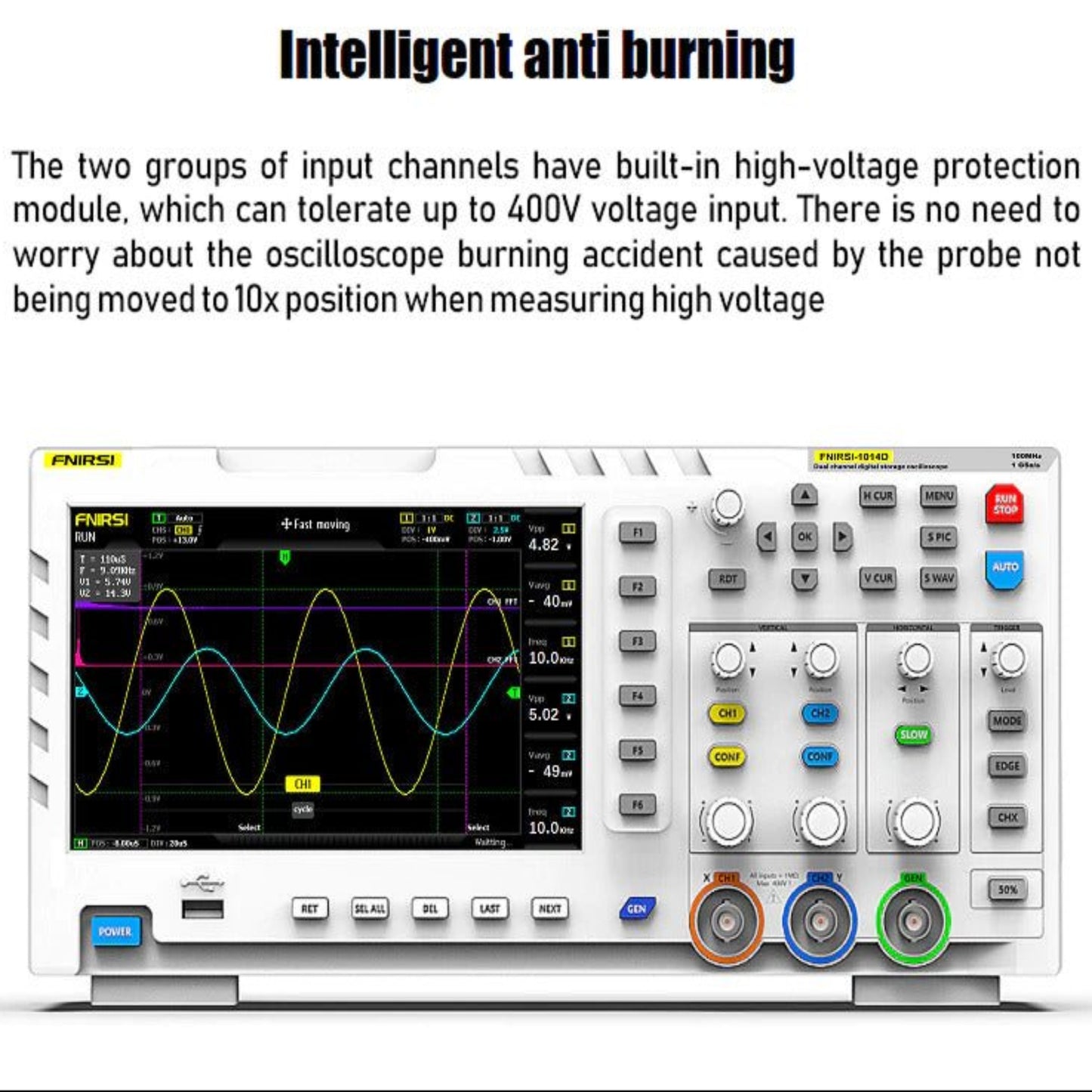 FNIRSI-1014D Dual Channel Digital Oscilloscope displaying waveforms and features, highlighting intelligent anti-burning technology.