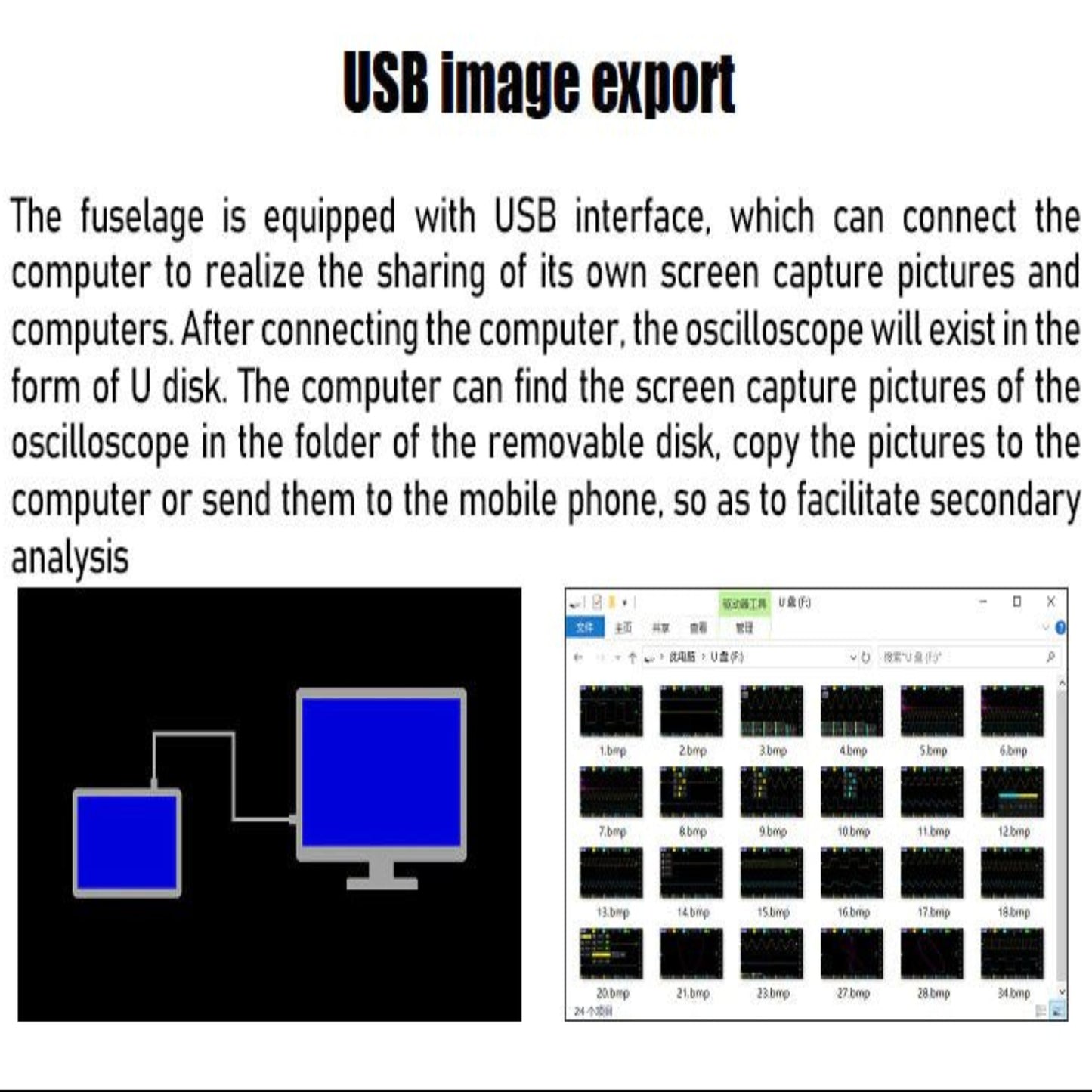 USB image export guide for FNIRSI-1014D oscilloscope showcasing screen capture sharing process.