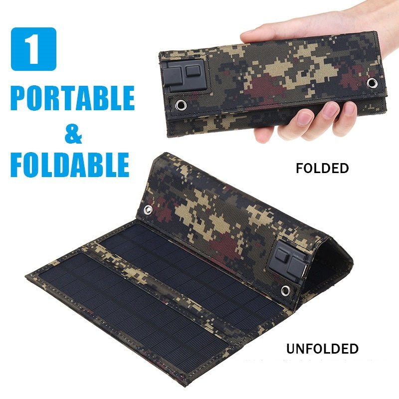 Portable and foldable solar panel charger, showcasing both folded and unfolded views for outdoor use.
