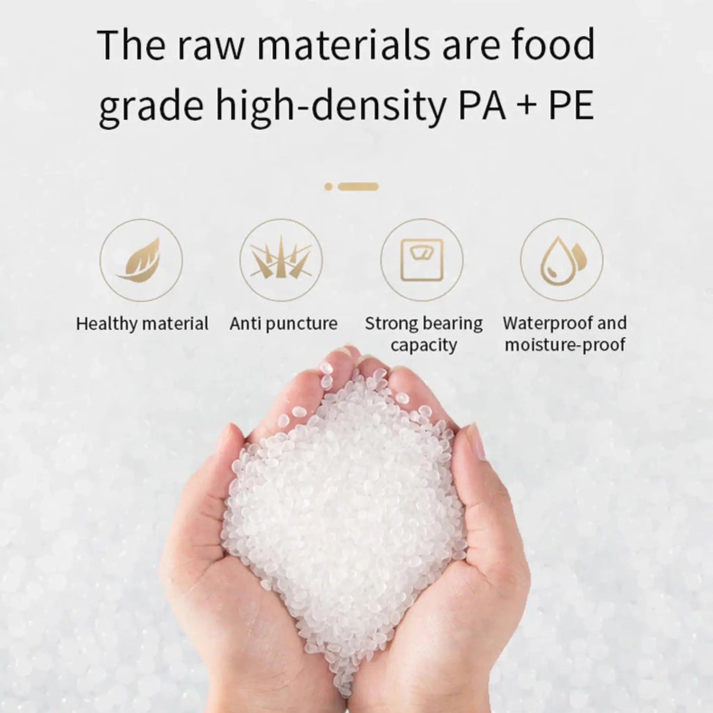 Hands holding food-grade high-density PA+PE materials for vacuum sealer bags, highlighting health, durability, and moisture-proof features.