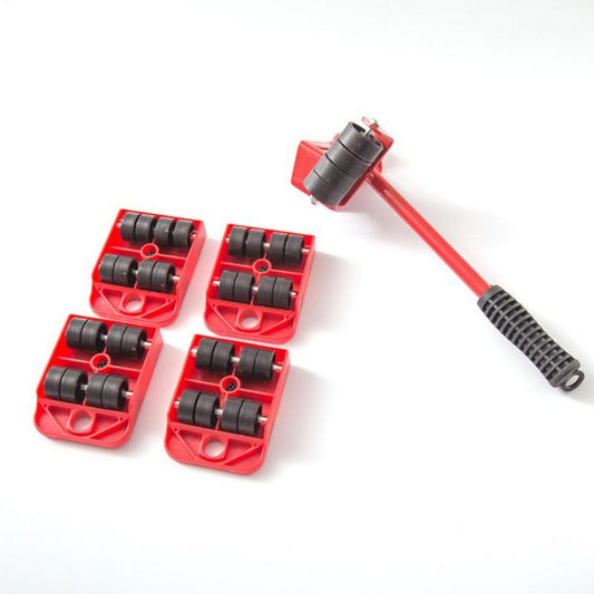 Heavy duty furniture mover tool set with red lifter and four rollers for easy moving of heavy items.
