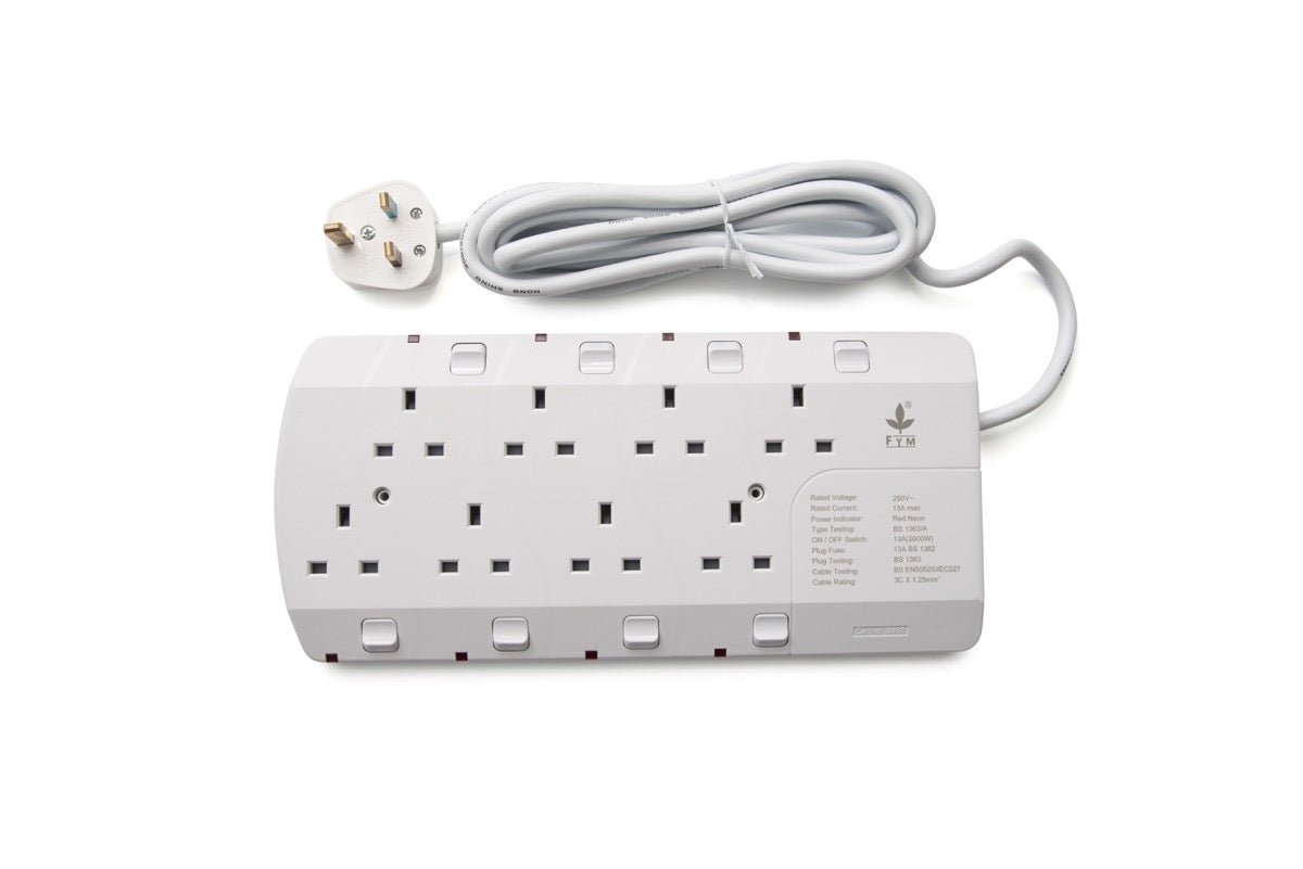 FYM 8-way 13A UK plug extension lead with individual switches and 3-meter cable for efficient power distribution.