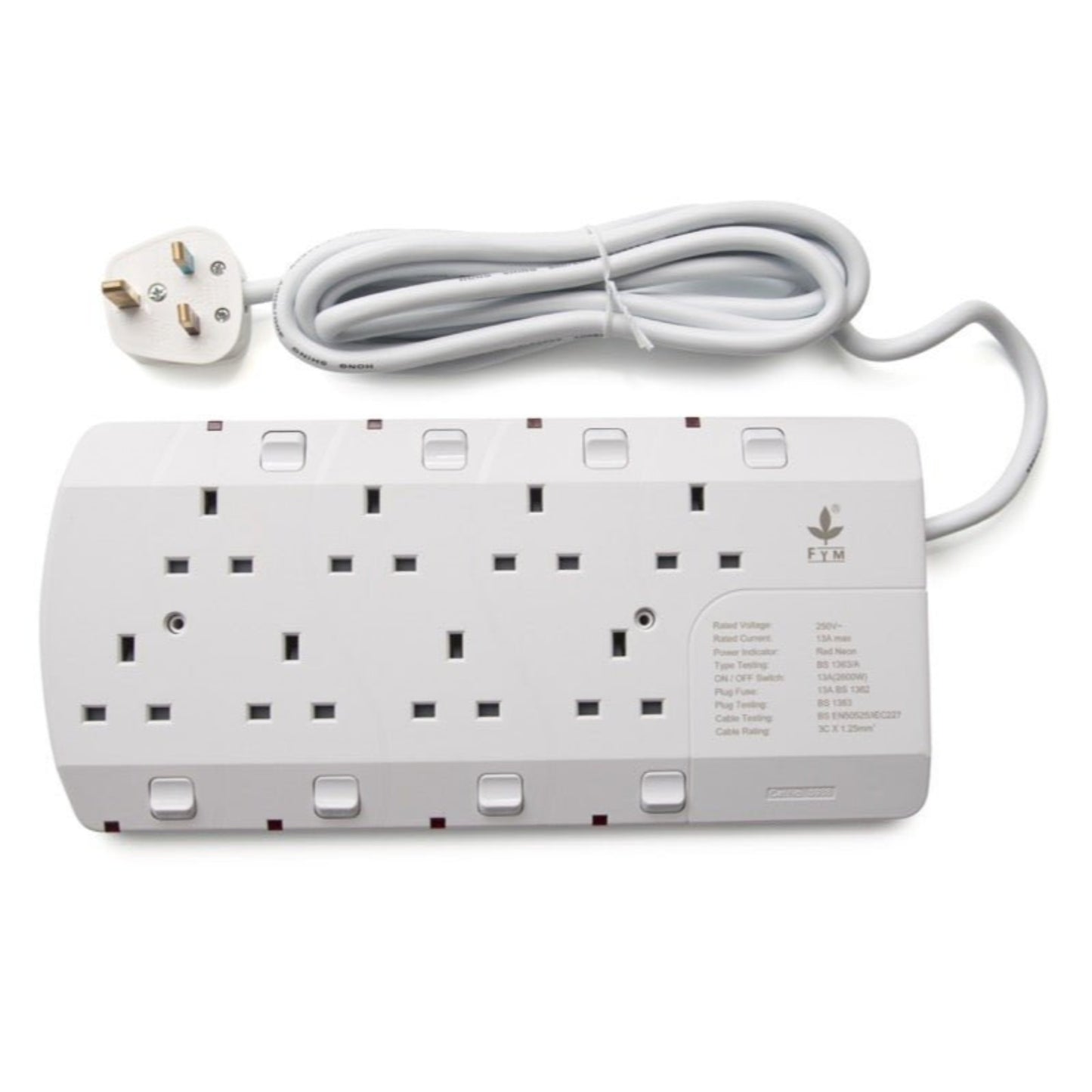 FYM 8-way 13A UK plug extension lead with individual switches and 3-meter cable for efficient power distribution.