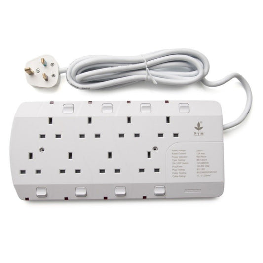 FYM 8-way 13A UK plug extension lead with individual switches and 3-meter cable for efficient power distribution.