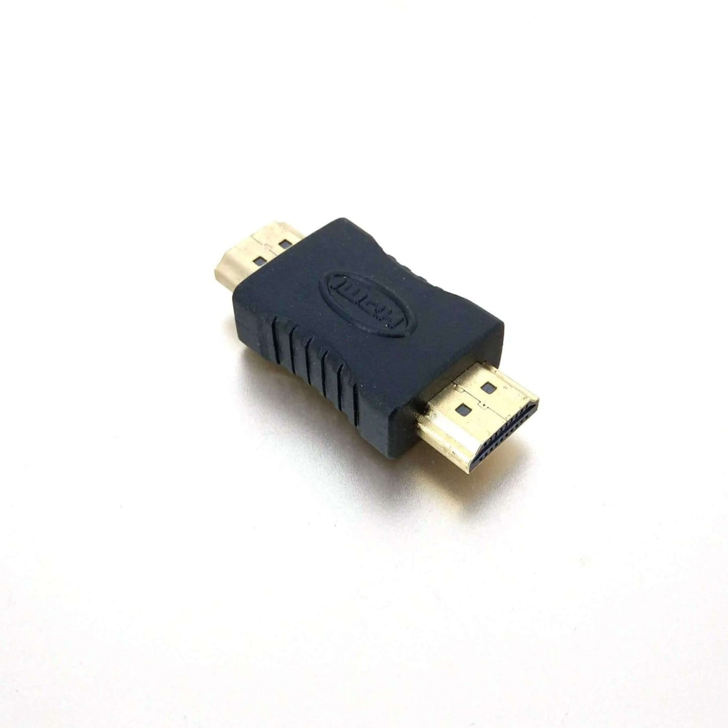 Gold-plated HDMI male to male coupler for extending or adapting HDMI connections.