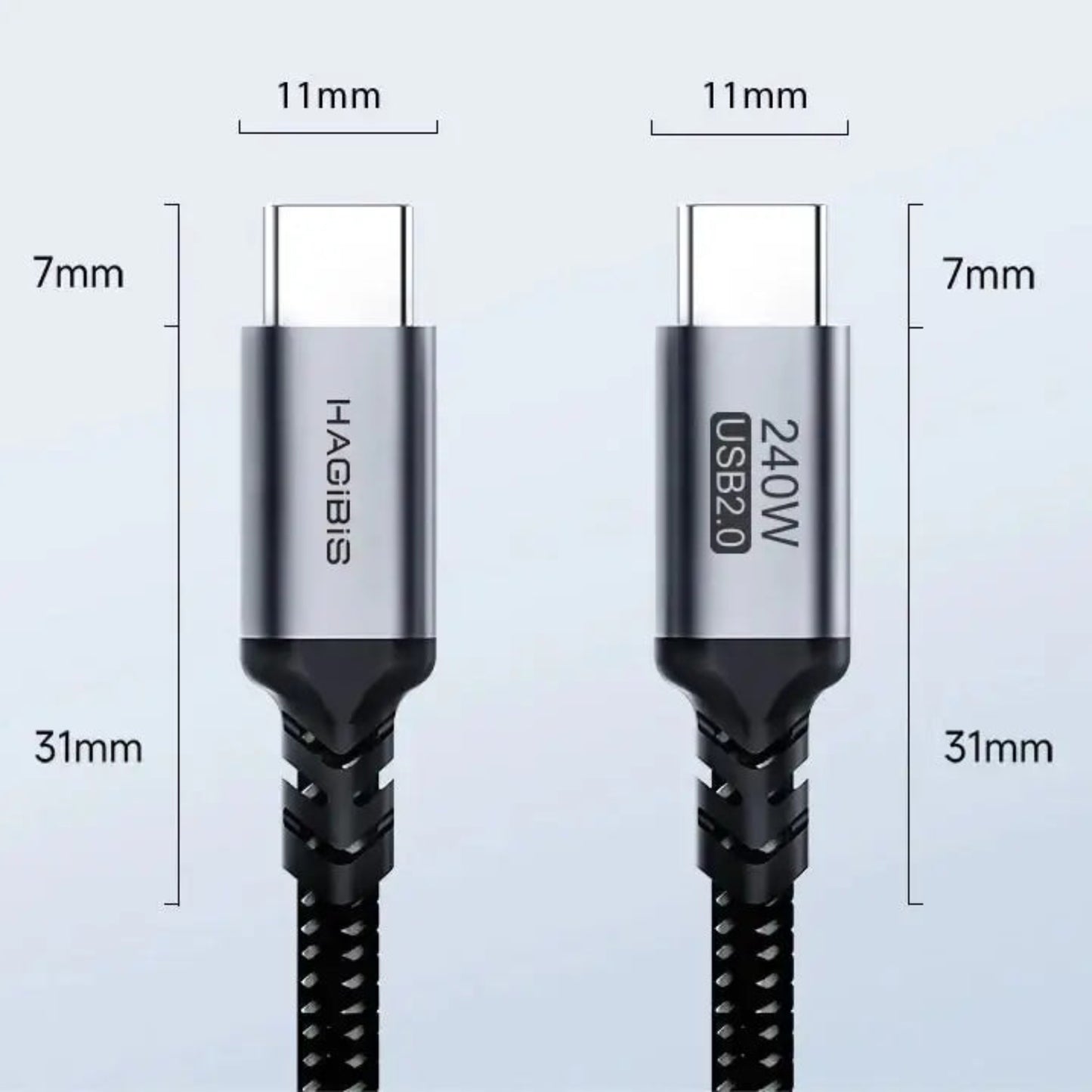 HAGIBIS 240W USB-C to USB-C cable with E-Marker chip, showcasing dimensions and design details.